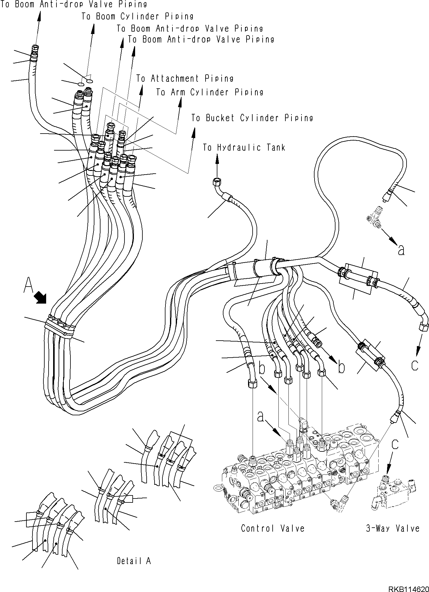 Komatsu parts book diagram for PC30MR-5 S/N F50002 AND UP: ACTUATOR PIPING, BOOM, ARM, BUCKET, ATTACHMENT PIPING