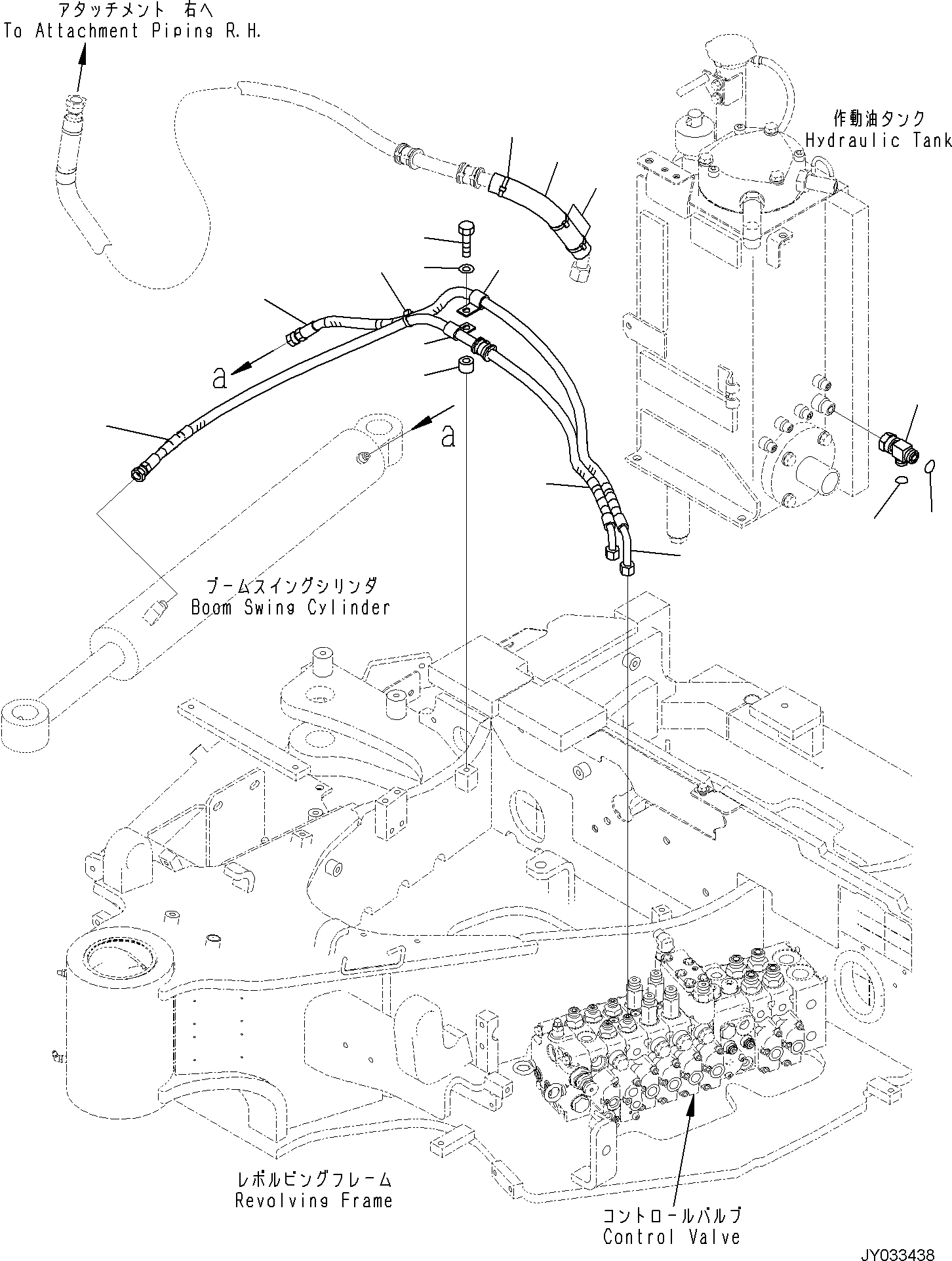 Komatsu parts book diagram for PC35MR-5 S/N F50003 AND UP: ACTUATOR PIPING, BOOM SWING CYLINDER PIPING