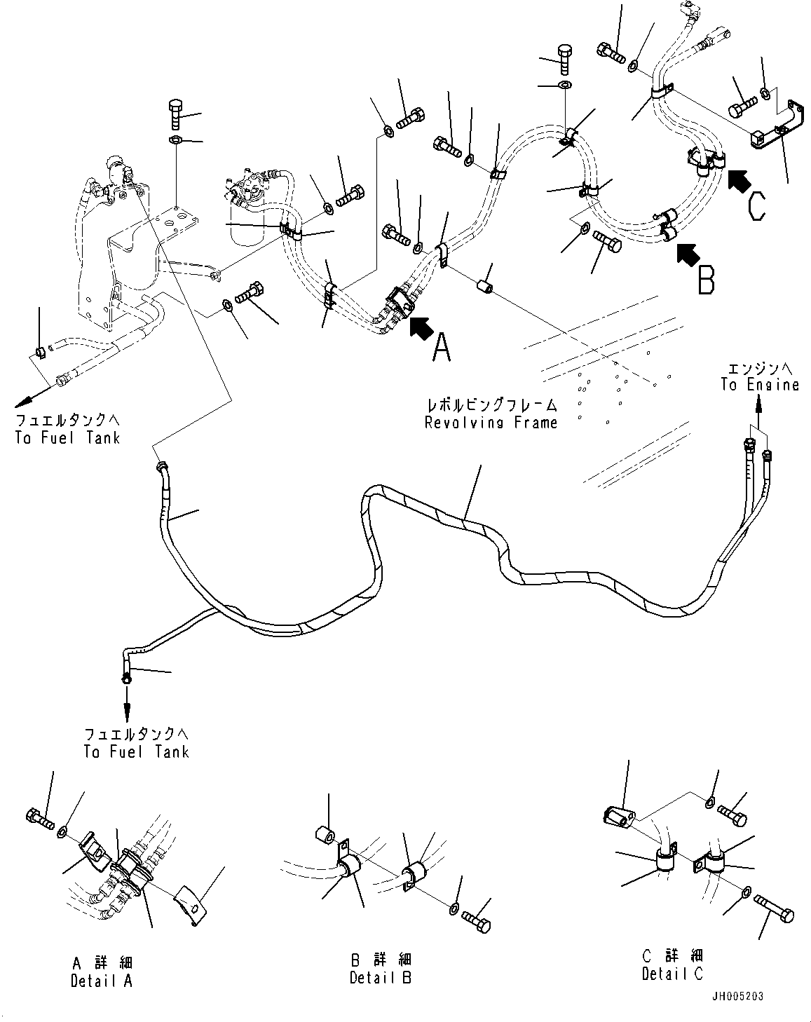 Excavators Komatsu / PC360LC-10 S/N K60001-UP(PC360L2U) / Fuel Supply Piping, Bad Fuel and Poor Fuel Arrangement, Water+Dust, Fuel Main Piping(D002004 : D0200-001004)