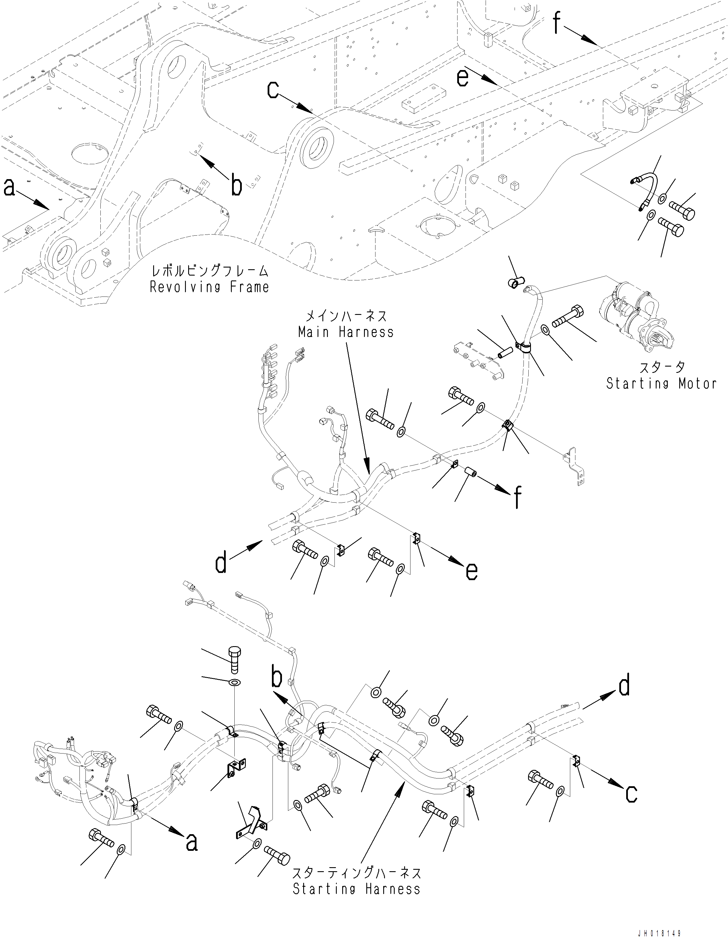Komatsu parts book diagram for PC390LCI-11 A31001-UP BEPB113400 3.8.2018: E0200-001001 STARTING WIRING HARNESS MOUNTING