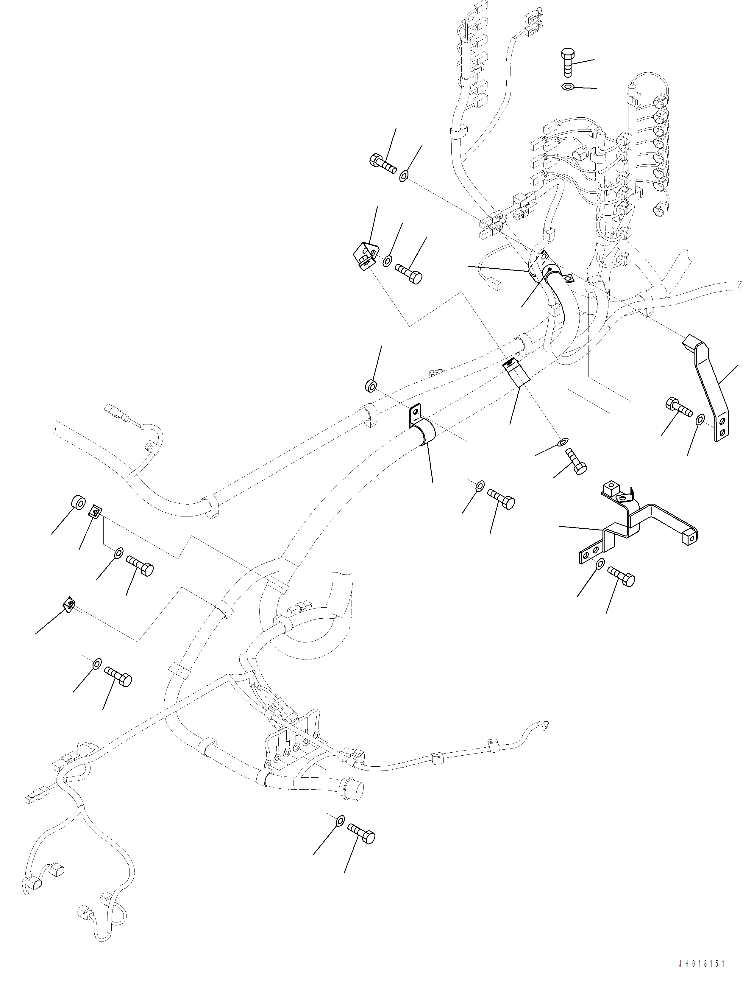 Komatsu parts book diagram for PC390LCI-11 A31001-UP BEPB113400 3.8.2018: E0200-001002 MAIN WIRING HARNESS MOUNTING (1/7)