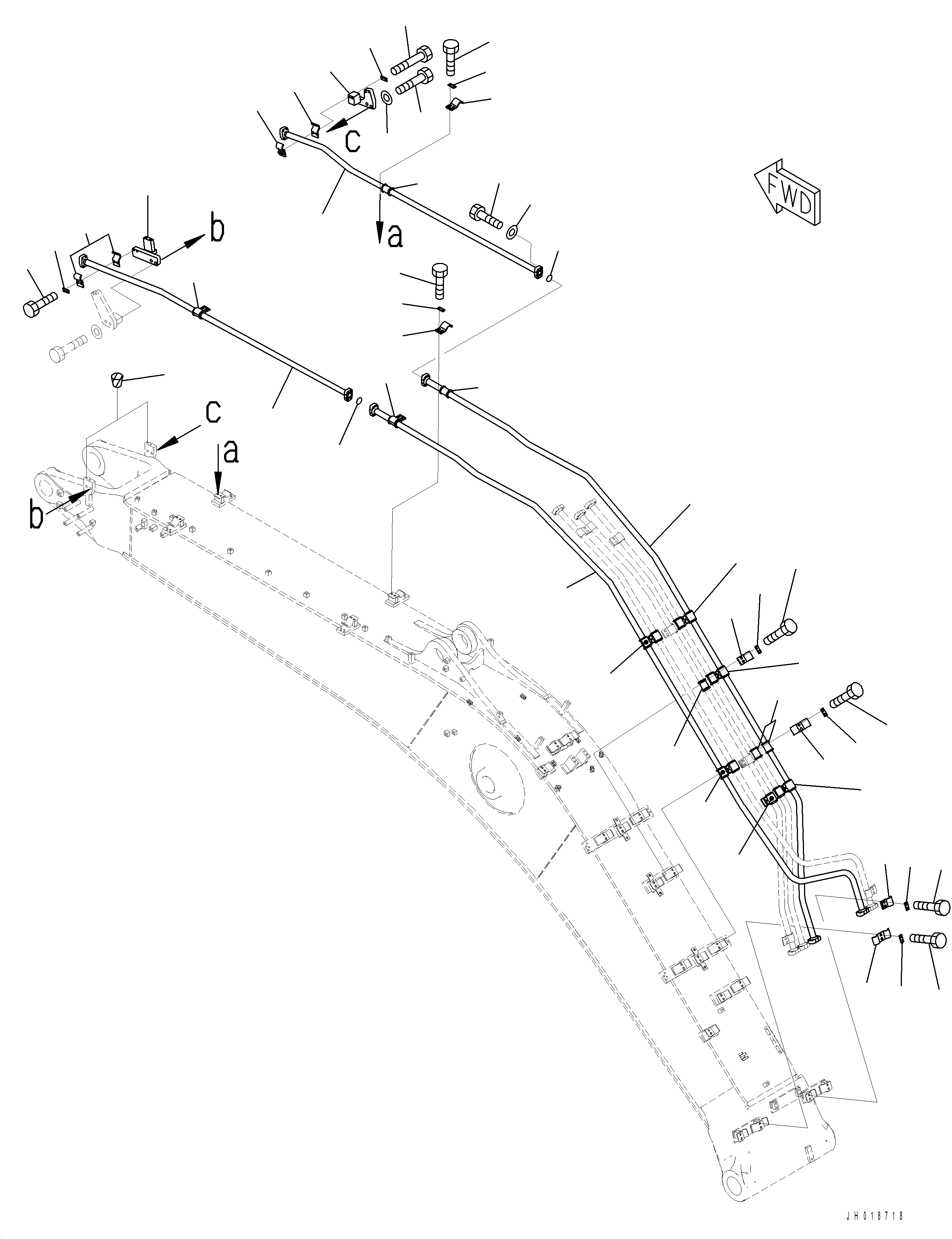 Komatsu parts book diagram for PC390LCI-11 A31001-UP BEPB113400 3.8.2018: T1110-001004 BOOM, 6500 MM BUCKET CYLINDER PIPING (WITH 1-ATTACHMENT)