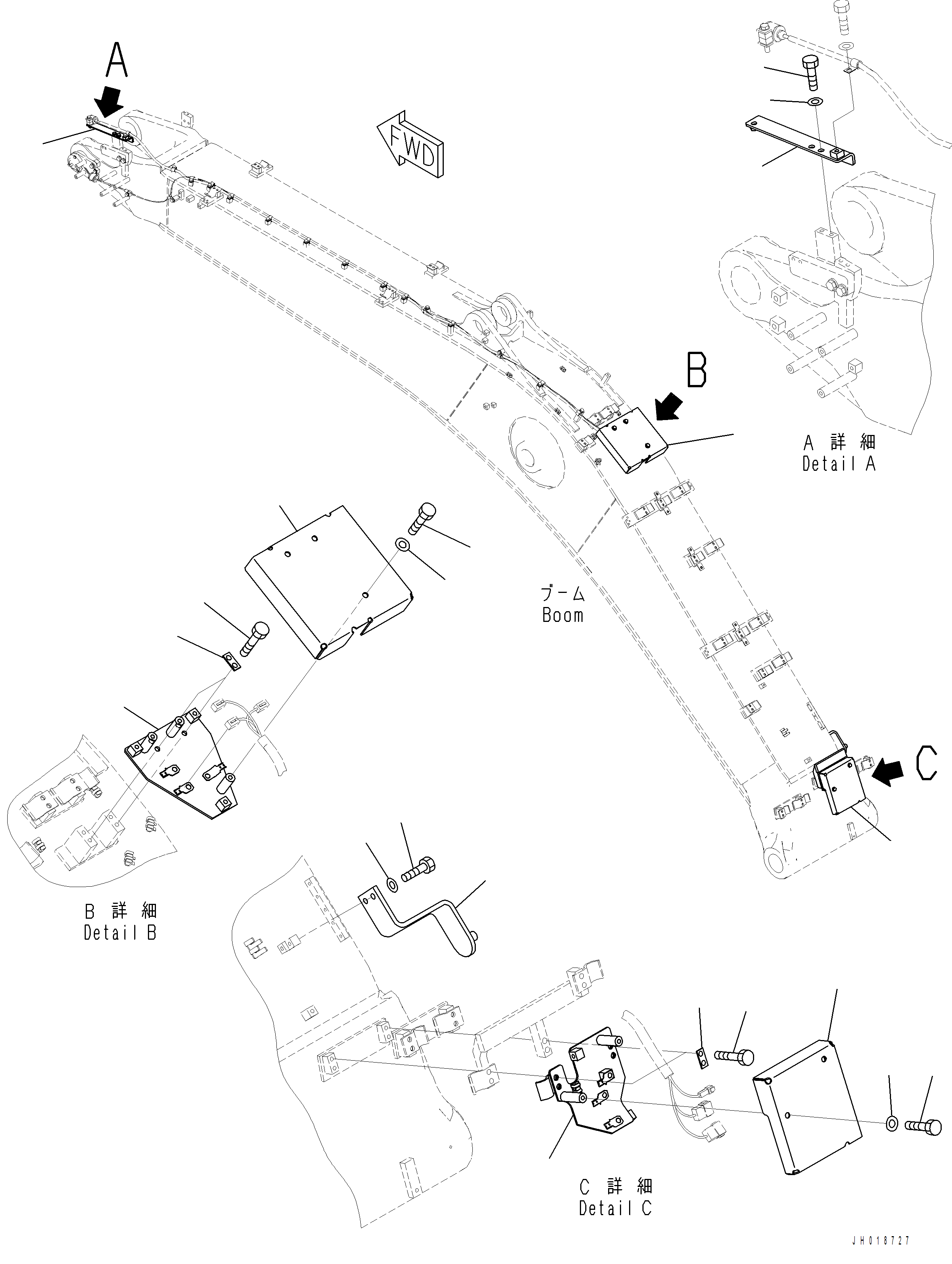 Komatsu parts book diagram for PC390LCI-11 A31001-UP BEPB113400 3.8.2018: T1110-001014 BOOM, 6500 MM CONNECTOR COVER (WITH 1-ATTACHMENT)