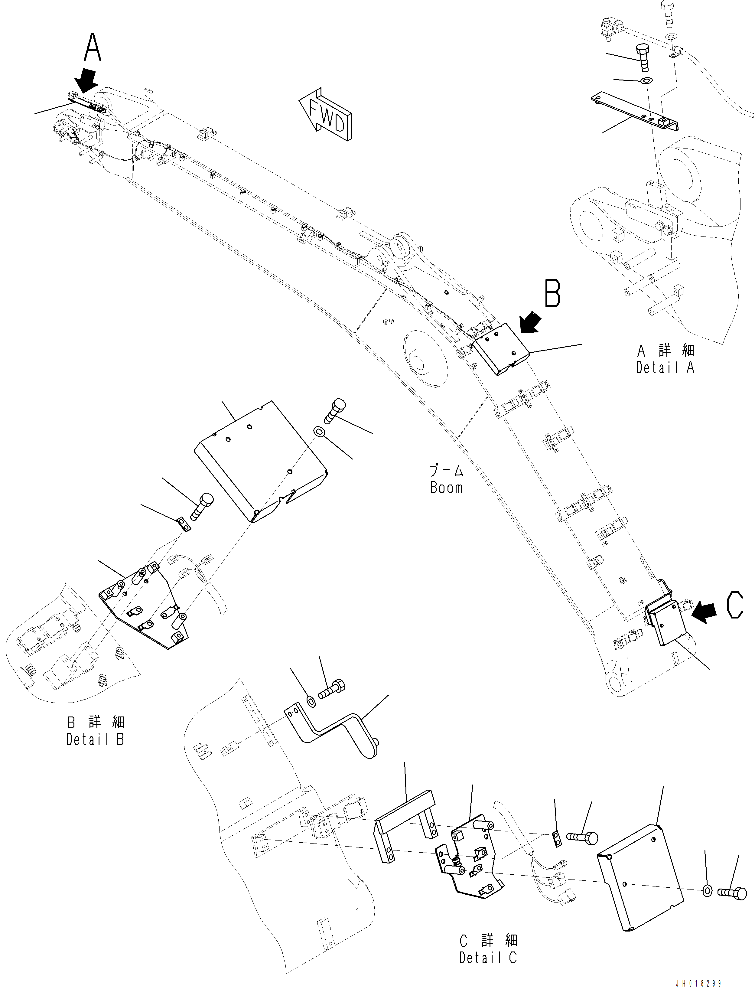 Komatsu parts book diagram for PC390LCI-11 A31001-UP BEPB113400 3.8.2018: T1110-002003 6500 MM BOOM 6500MM HEAVY DUTY TYPE, CONNECTOR COVER