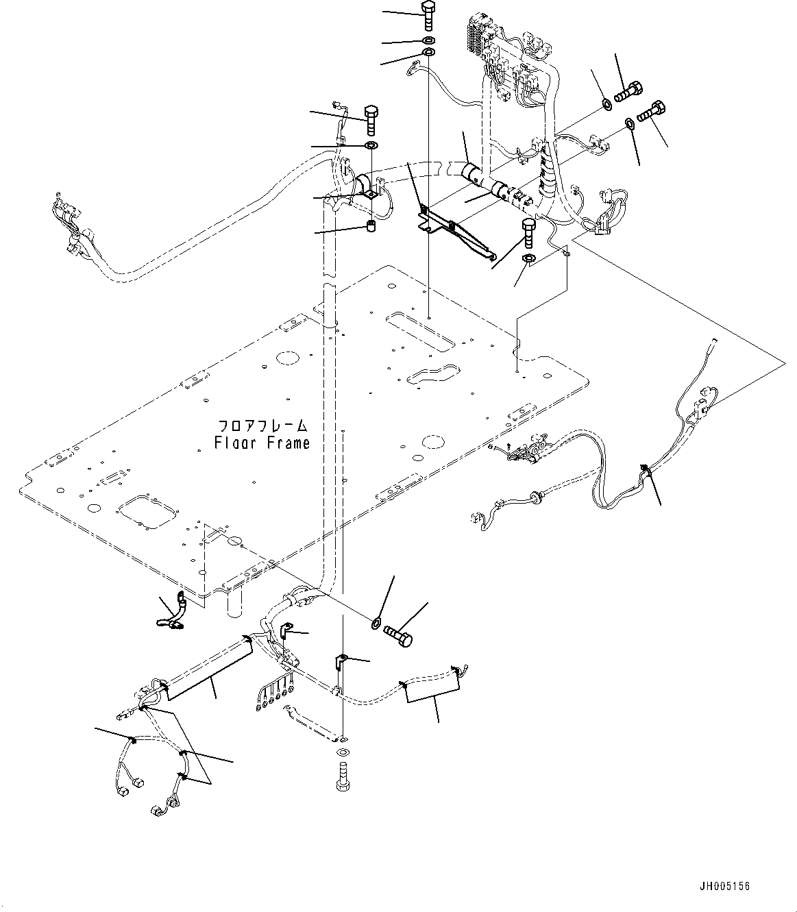 Komatsu parts book diagram for PC490LC-10 S/N 80001-UP: FLOOR FRAME GROUP, WITH ADDITIONAL ACTUATOR PIPING, ACCUMULATOR, FLOOR, WIRING HARNESS CLAMP AND GROUND