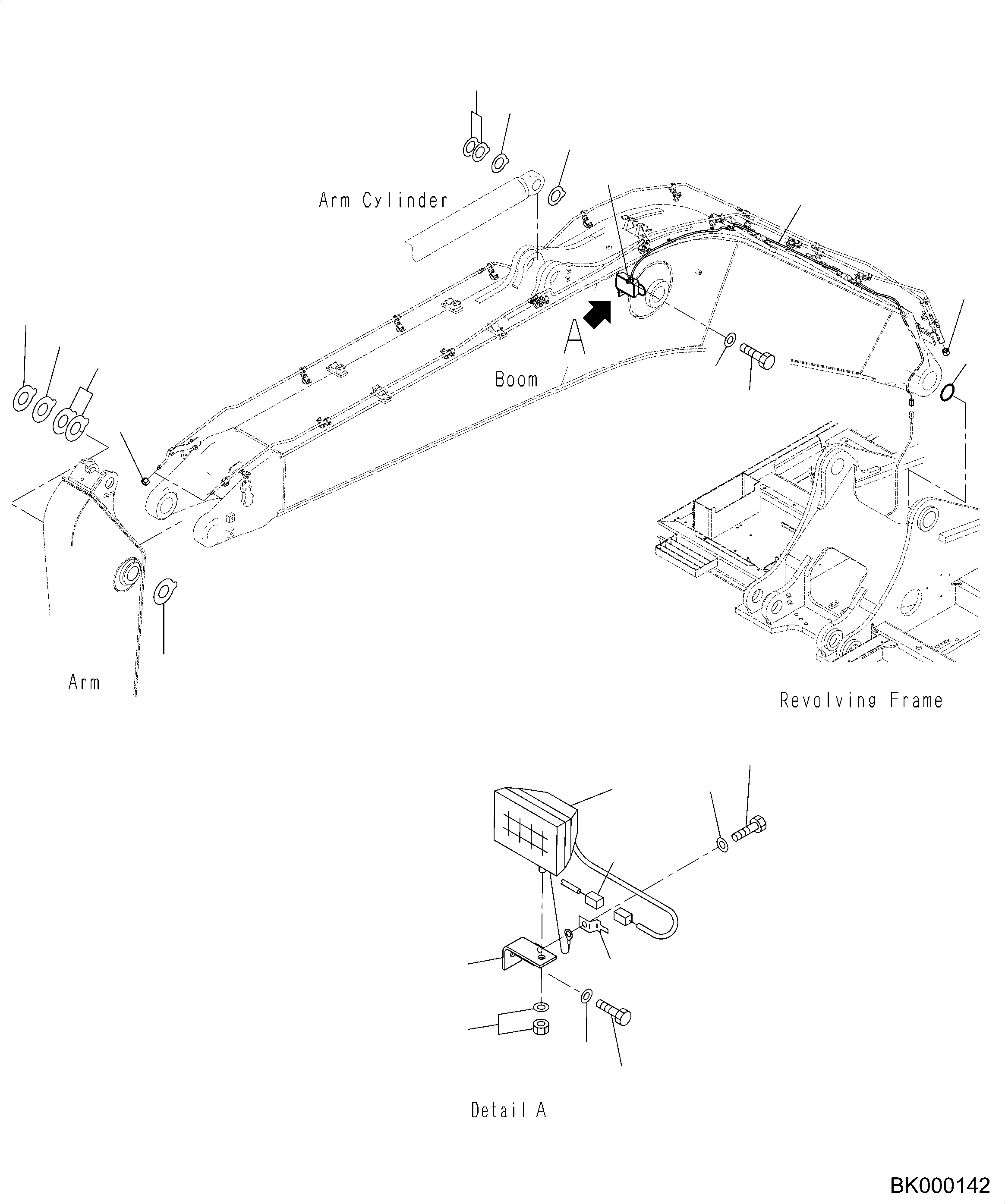 Komatsu parts book diagram for PC490LC-10 S/N 80001-UP: BOOM, 7100MM, WITH QUICK COUPLER, KUK, WORKING LAMP AND SPACER
