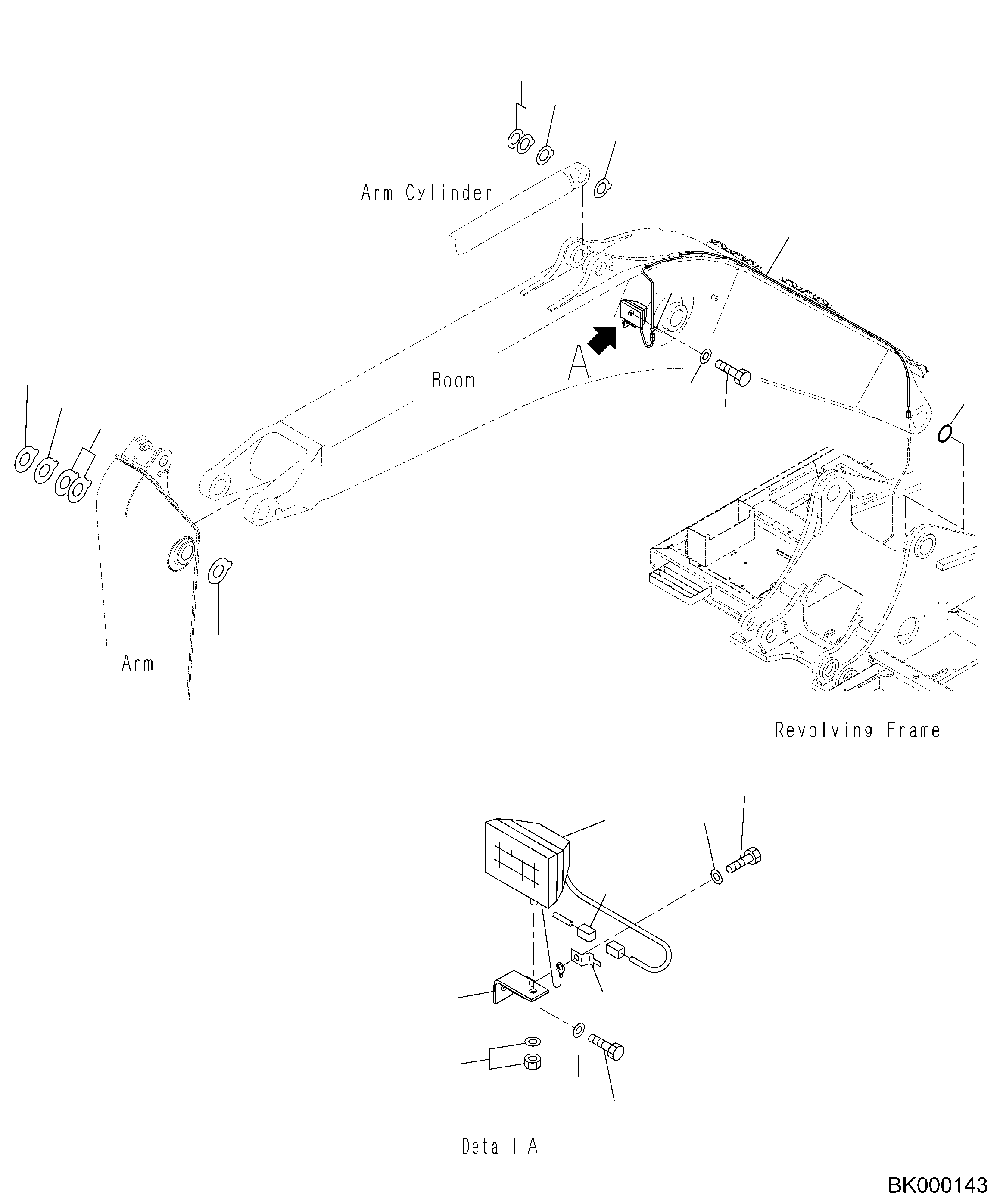 Komatsu parts book diagram for PC490LC-10 S/N 80001-UP: BOOM, 6700MM, 2-ATTACHMENT, WITH QUICK COUPLER, KUK, WORKING LAMP AND SPACER