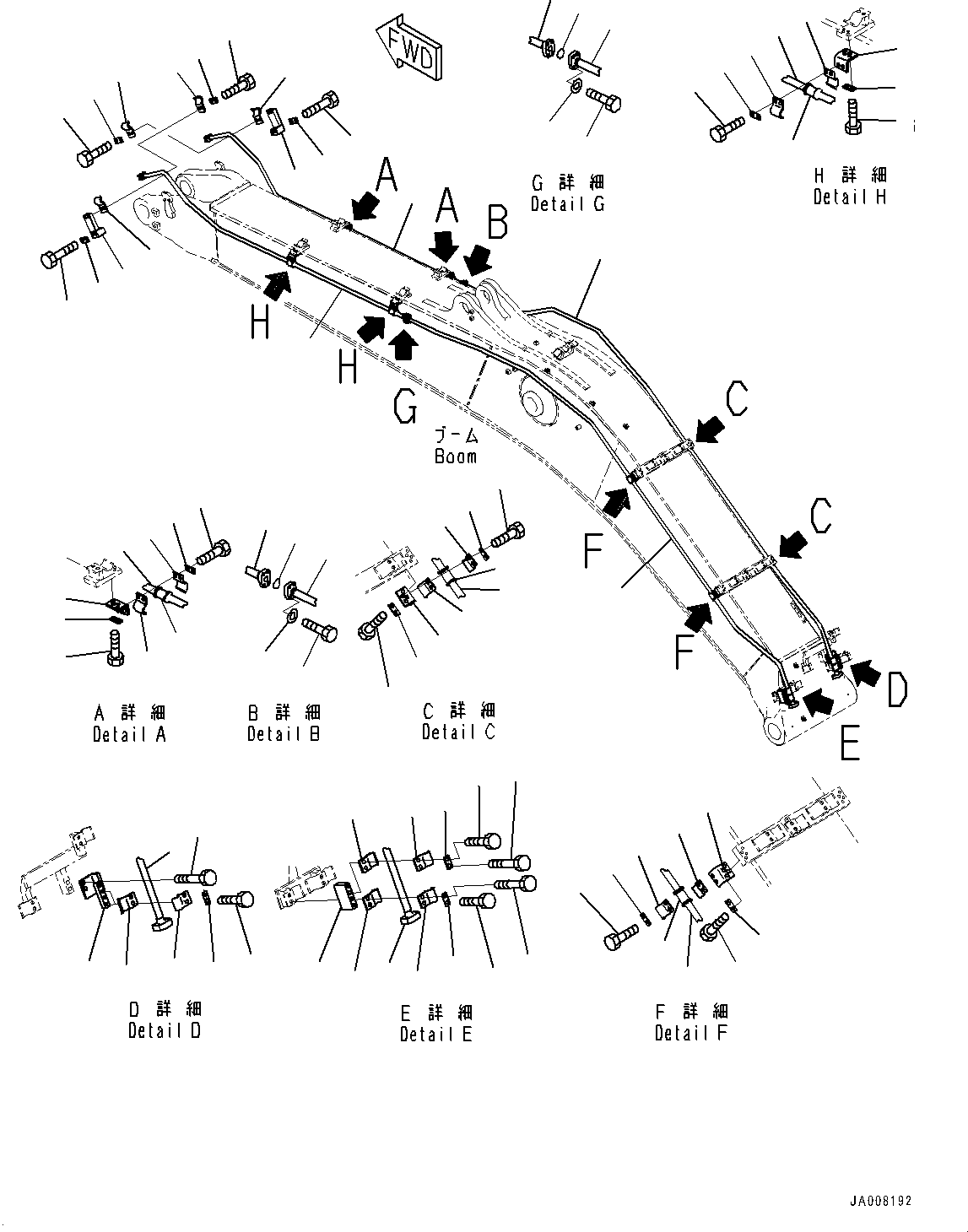 Komatsu parts book diagram for PC490LC-10 S/N 80001-UP: BOOM, 6700MM, 2-ATTACHMENT, WITH QUICK COUPLER, KUK, ADDITIONAL PIPING (2/2)