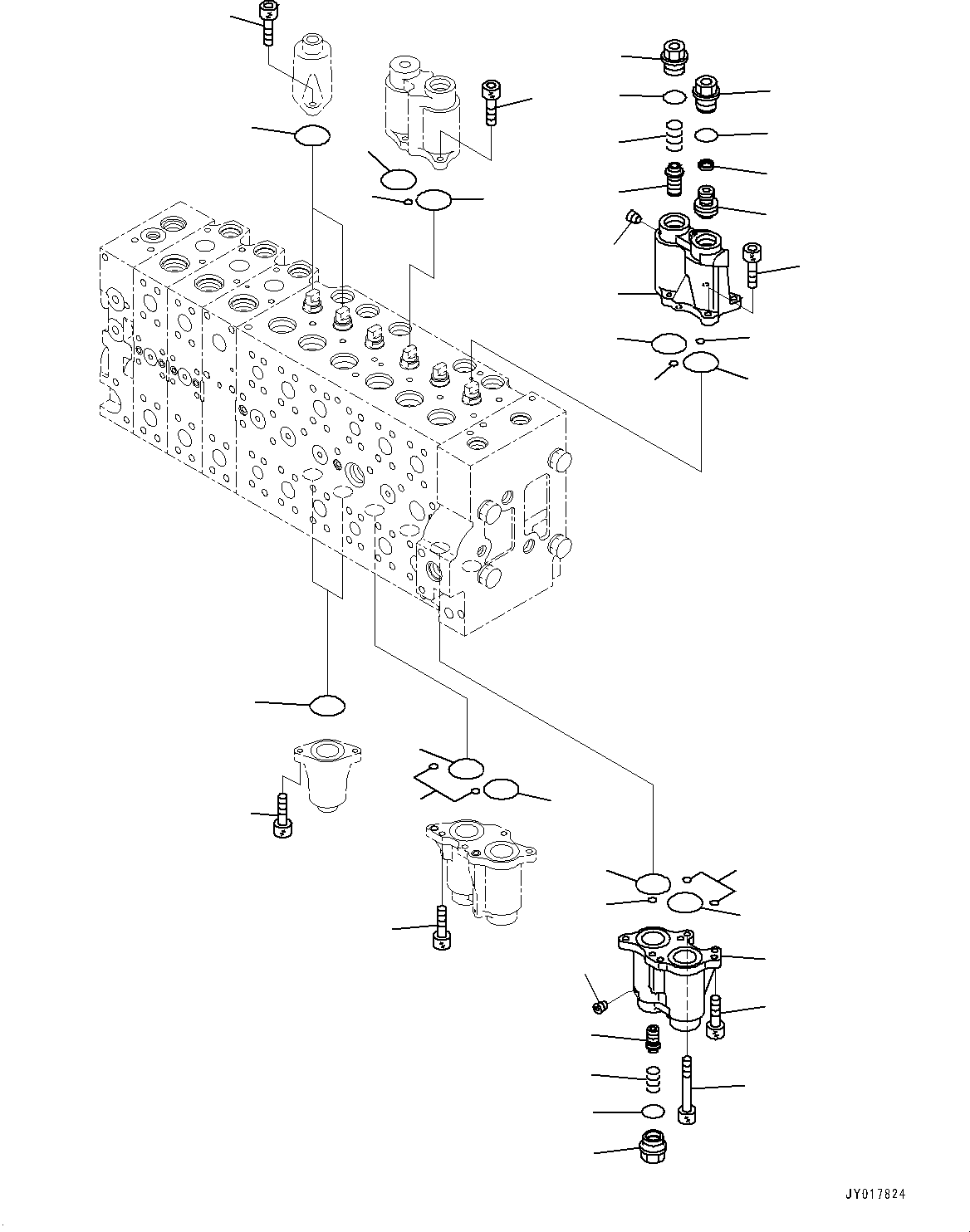 Komatsu parts book diagram for PC490LC-10 S/N K60001-UP: MAIN CONTROL VALVE, WITH 2-ADDITIONAL ACTUATOR PIPING, ACCUMULATOR, INNER PARTS (3/24)