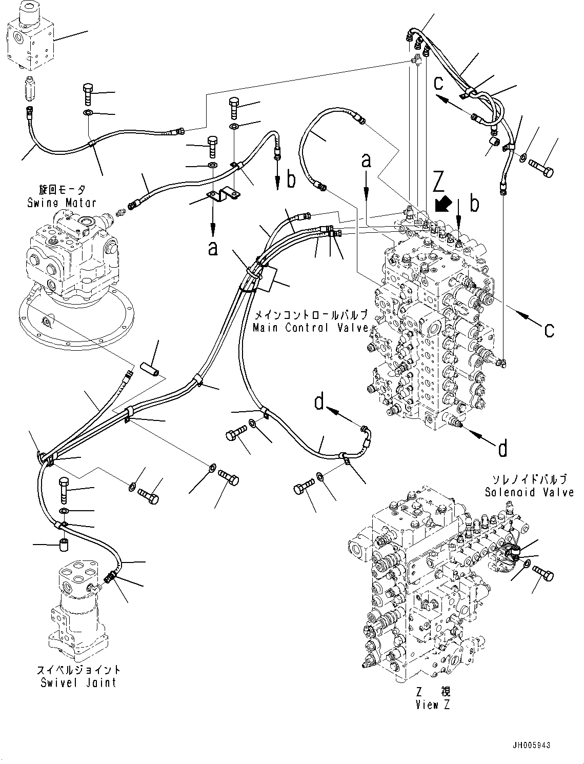 Komatsu parts book diagram for PC490LC-10 S/N K60001-UP: SOLENOID VALVE PIPING, WITH ADDITIONAL ACTUATOR PIPING, ACCUMULATOR, SOLENOID VALVE PIPING