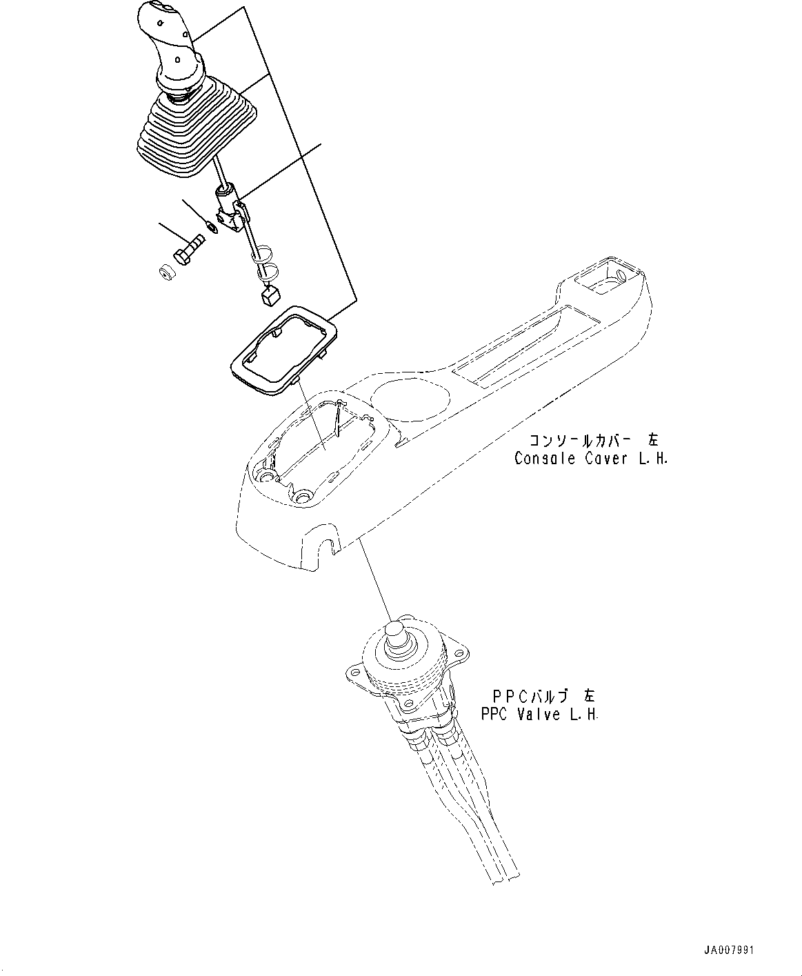 Komatsu parts book diagram for PC490LC-10 S/N K60001-UP: FLOOR FRAME GROUP, WITH ADDITIONAL ACTUATOR PIPING, ACCUMULATOR, FLOOR, WORK EQUIPMENT CONTROL LEVER, LHS (1/2)