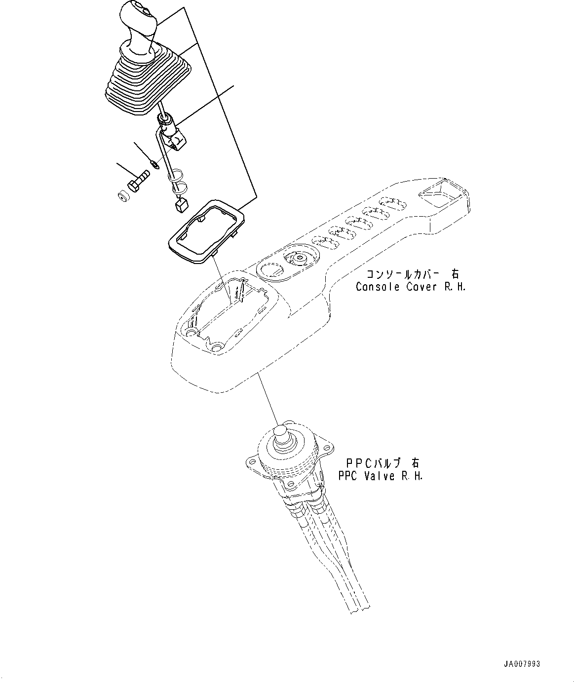 Komatsu parts book diagram for PC490LC-10 S/N K60001-UP: FLOOR FRAME GROUP, WITH ADDITIONAL ACTUATOR PIPING, ACCUMULATOR, FLOOR, WORK EQUIPMENT CONTROL LEVER, RHS (1/2)