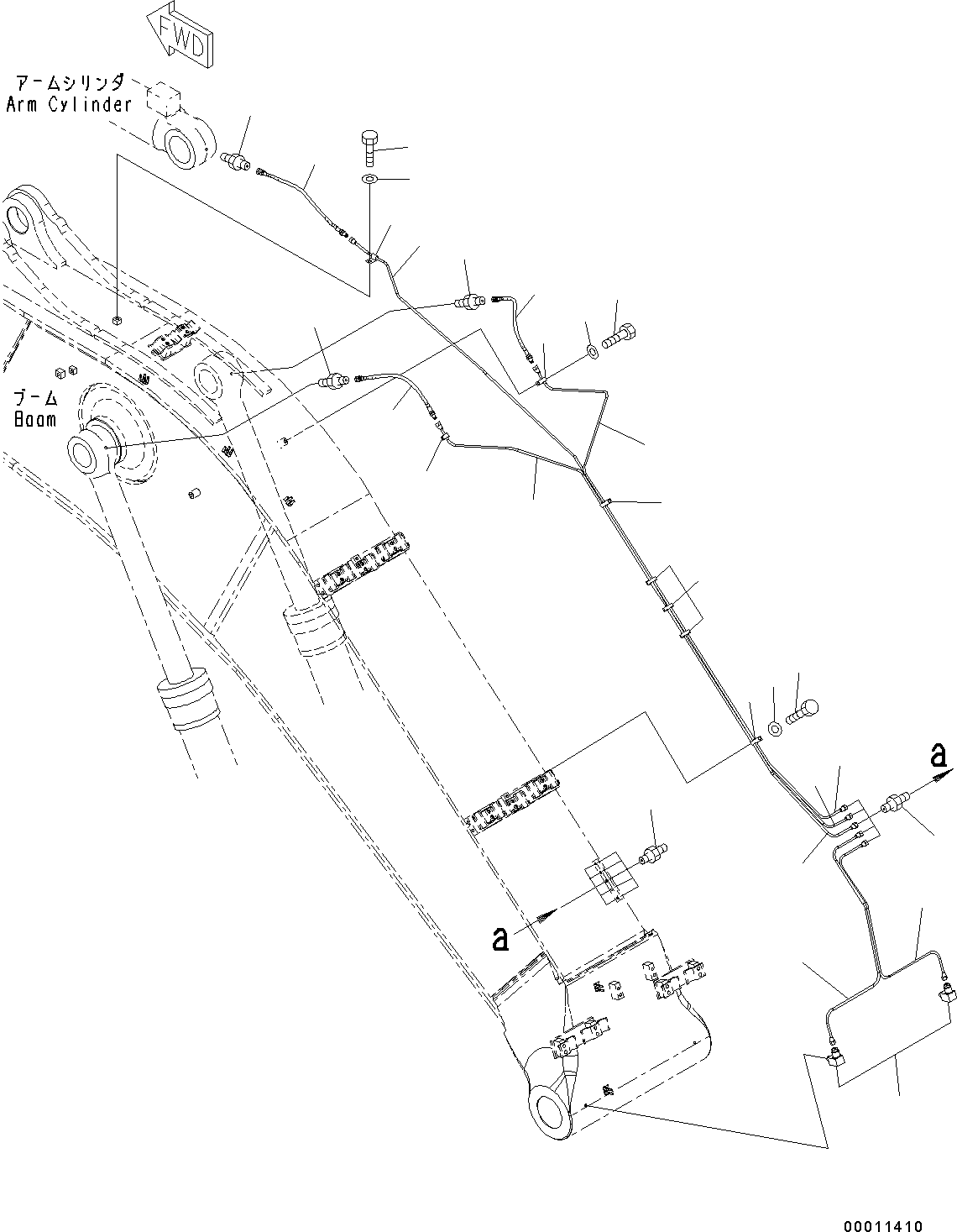 Komatsu parts book diagram for PC490LC-10 S/N K60001-UP: BOOM, 7100MM, 1-ATTACHMENT, WITH QUICK COUPLER, KUK, LUBRICATION PIPING (#K60001-K60025)