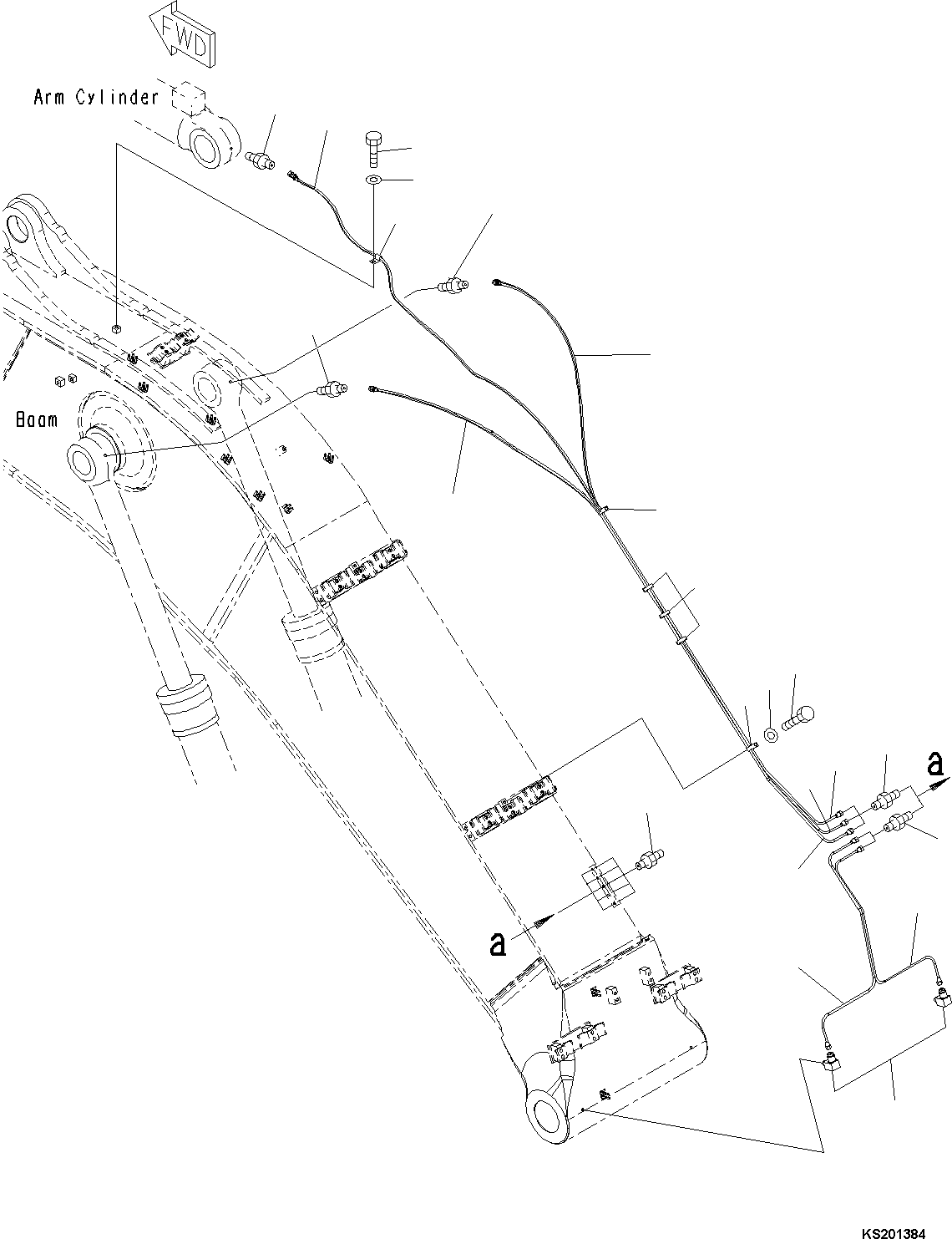 Komatsu parts book diagram for PC490LC-10 S/N K60001-UP: BOOM, 7100MM, 1-ATTACHMENT, WITH QUICK COUPLER, KUK, LUBRICATION PIPING (#K60026-UP)