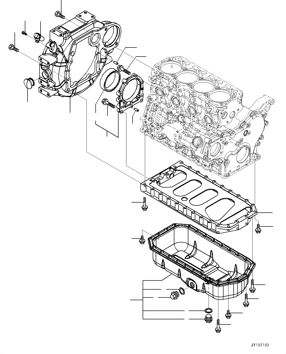 Komatsu parts book diagram for PC55MR-5E0 S/N 9101 AND UP: ENGINE, FLYWHEEL HOUSING AND OIL PAN