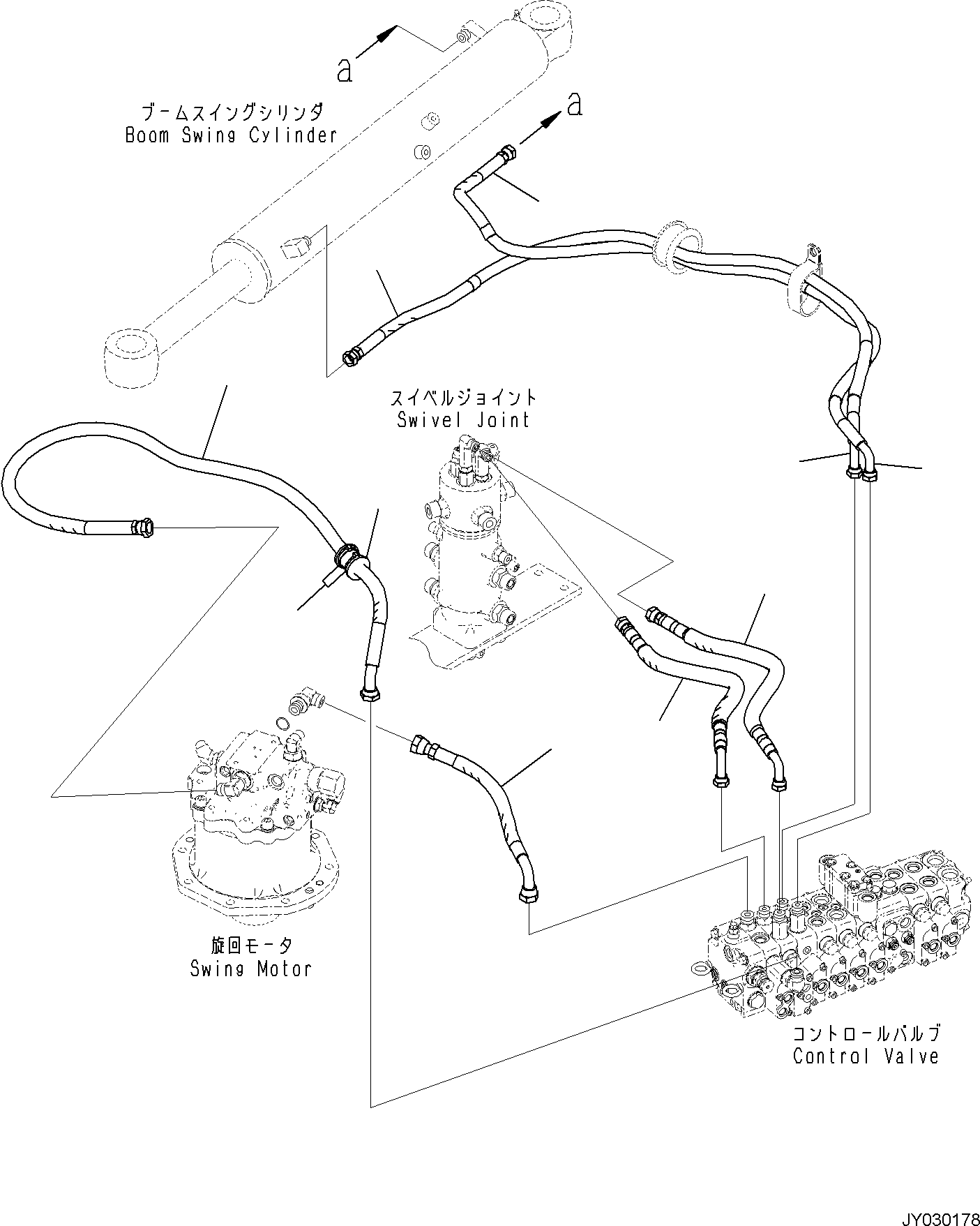 Komatsu parts book diagram for PC55MR-5E0 S/N 9101 AND UP: ACTUATOR PIPING, CONTROL VALVE TO SWIVEL JOINT, SWING MOTOR AND BOOM SWING CYLINDER