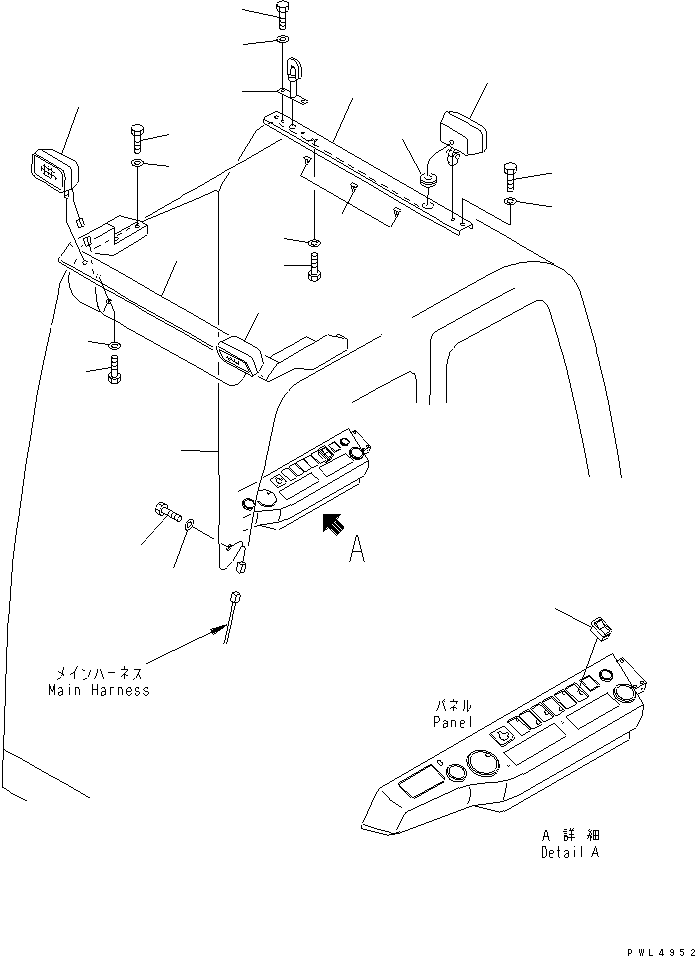 Komatsu parts book diagram for PW150ES-6K S/N K30001-UP: ADDITIONAL WORK LAMP (CAB)(#K34001-)