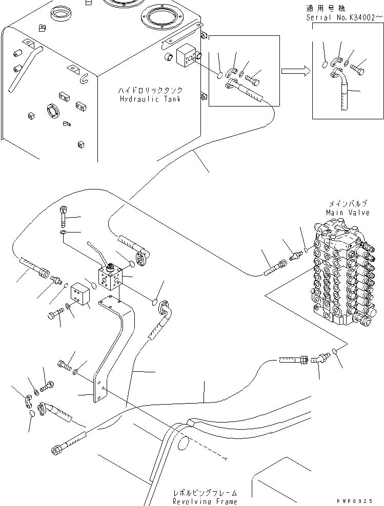 Komatsu parts book diagram for PW150ES-6K S/N K30001-UP: ATTACHMENT LINE (VALVE SIDE)(#K34001-)