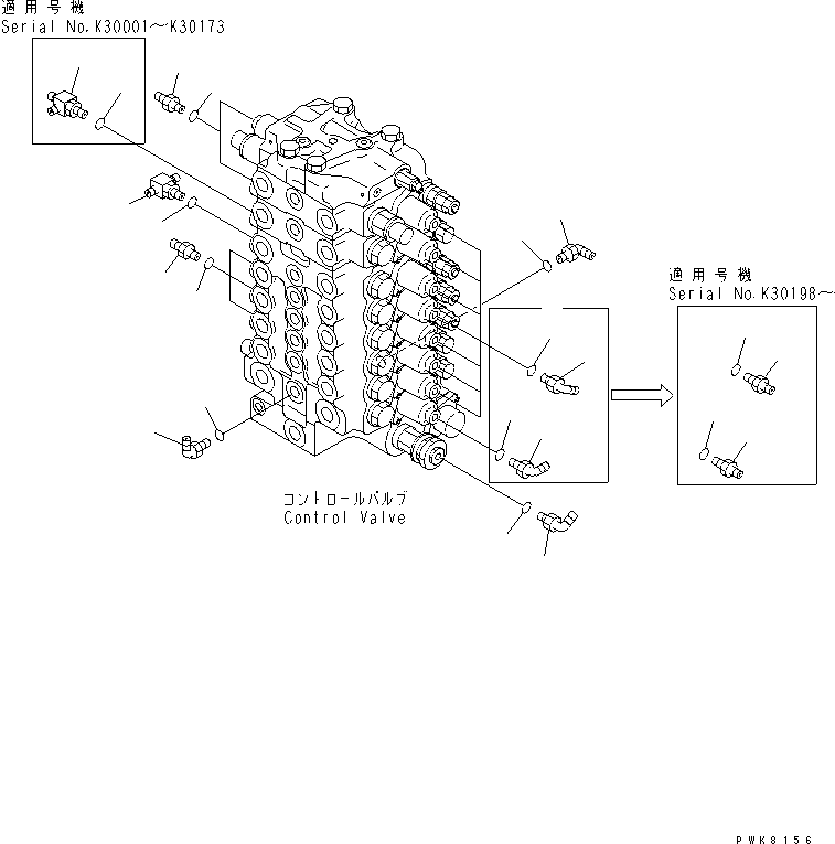Komatsu parts book diagram for PW150ES-6K S/N K30001-UP: P.P.C. MAIN LINE (CONTROL VALVE CONNECTING PARTS)