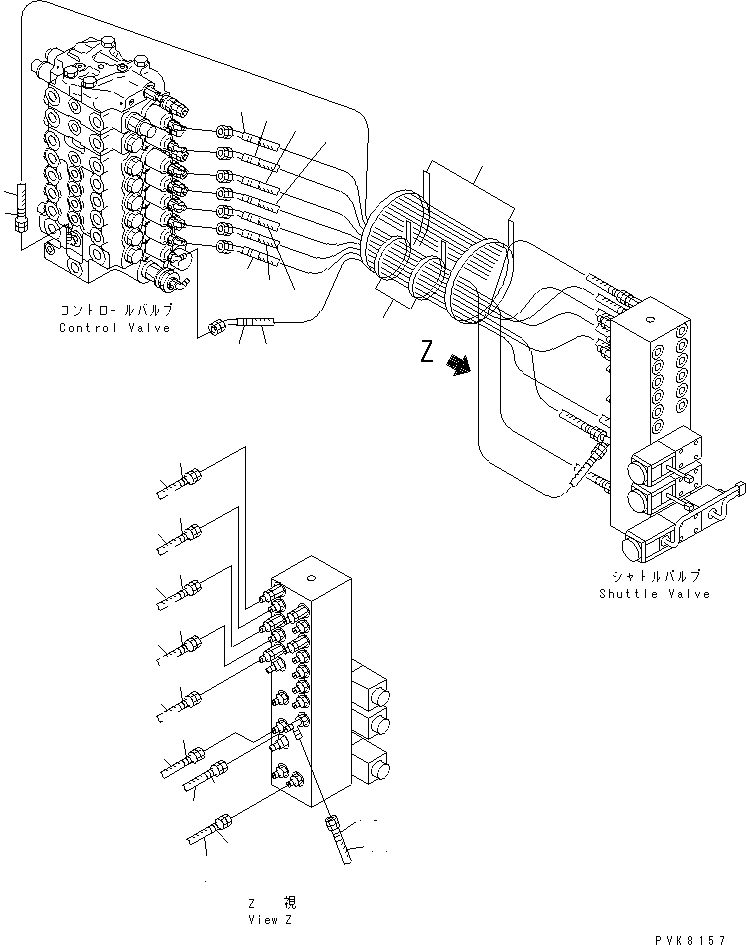 Komatsu parts book diagram for PW150ES-6K S/N K30001-UP: P.P.C. MAIN LINE (VALVE P.P.C. LINES) (L.H.)(#K30001-K30197)