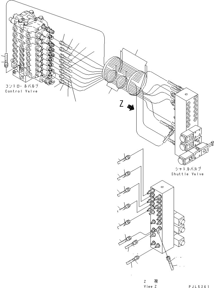 Komatsu parts book diagram for PW150ES-6K S/N K30001-UP: P.P.C. MAIN LINE (VALVE P.P.C. LINES) (L.H.)(#K30198-)