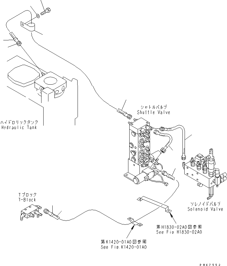 Komatsu parts book diagram for PW150ES-6K S/N K30001-UP: SHUTTLE VALVE LINE (T-PORT PIPING)