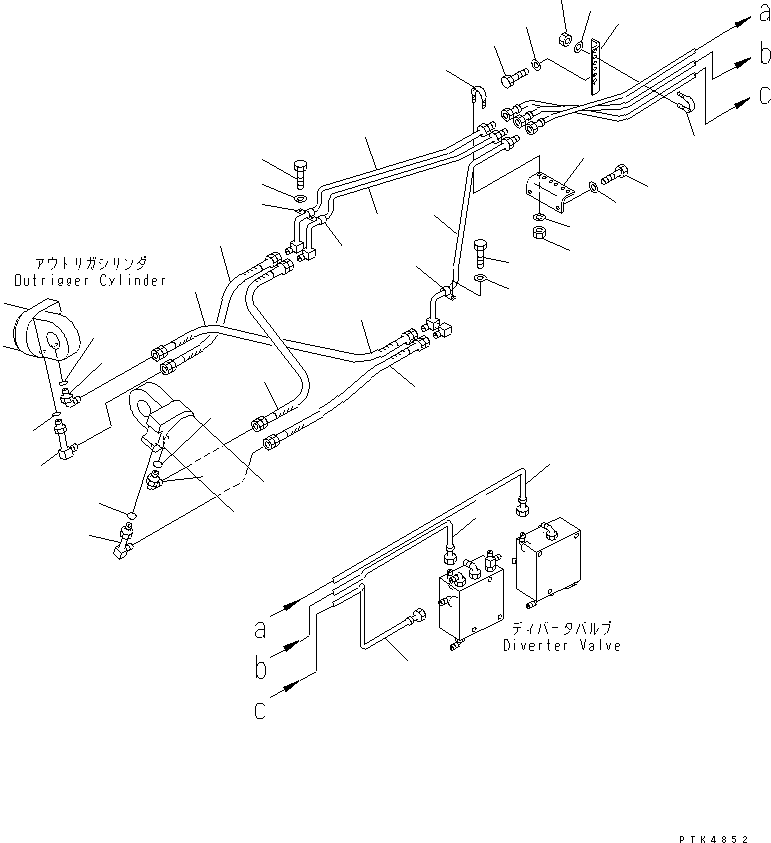 Komatsu parts book diagram for PW150ES-6K S/N K30001-UP: FOUR OUTRIGGER PIPING (1/4)