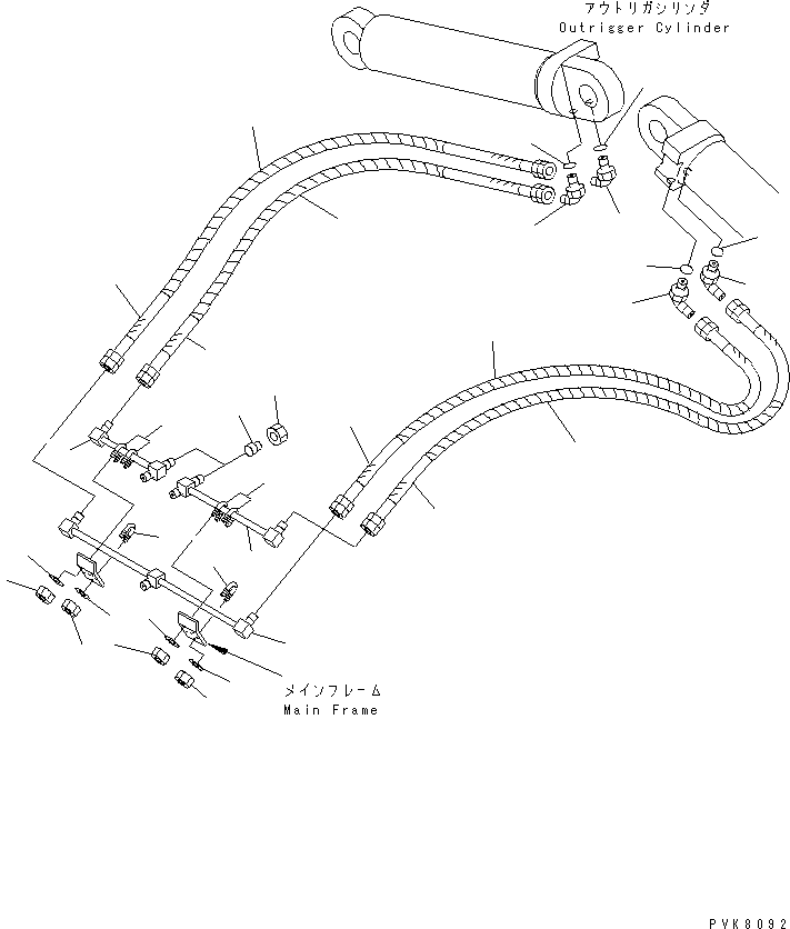 Komatsu parts book diagram for PW150ES-6K S/N K30001-UP: FOUR OUTRIGGER PIPING (2/4)