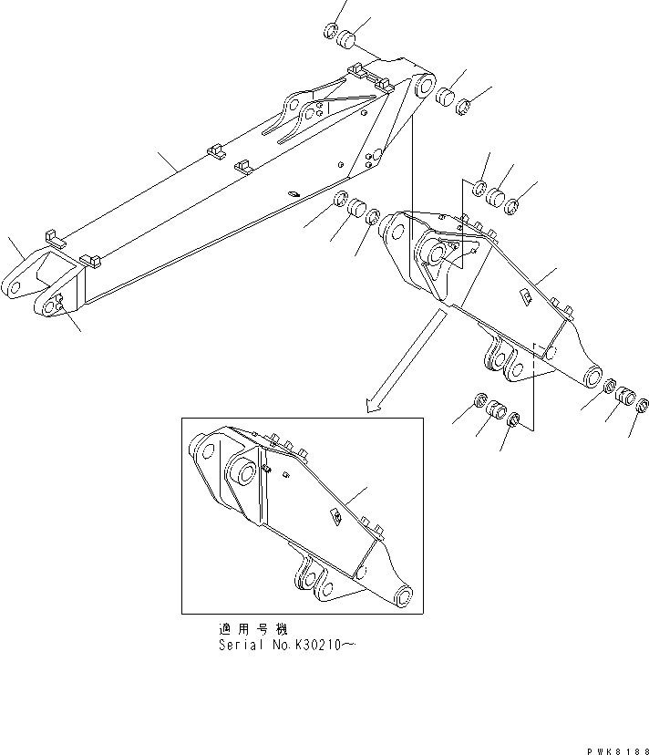 Komatsu parts book diagram for PW150ES-6K S/N K30001-UP: 2-PIECES BOOM (1ST AND 2ND BOOM)