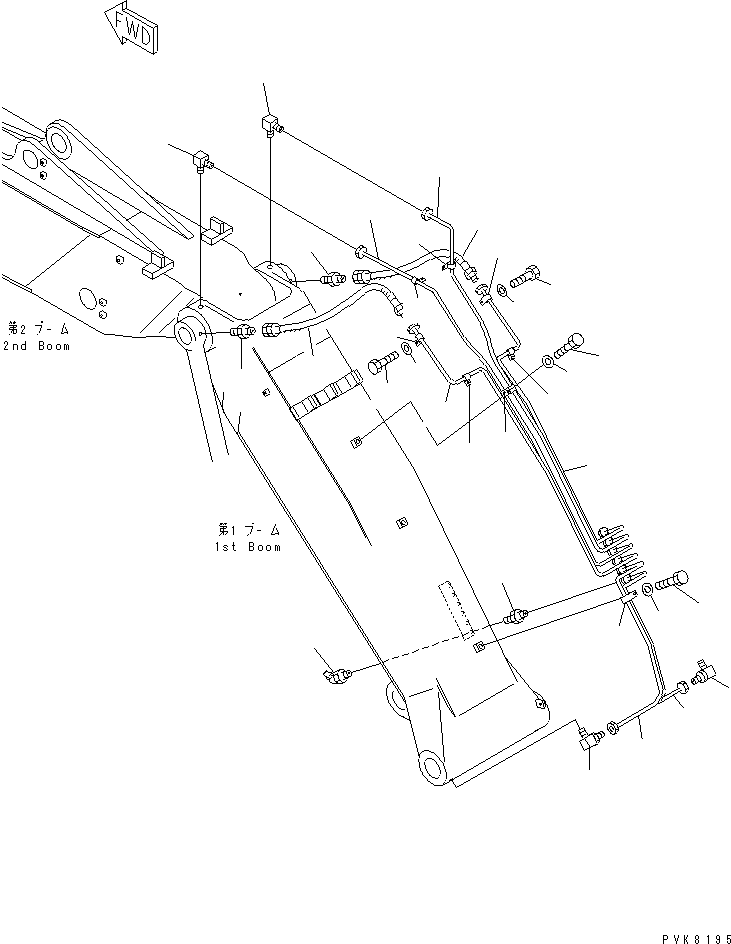Komatsu parts book diagram for PW150ES-6K S/N K30001-UP: 2-PIECES BOOM (LUBRICATION PIPING) (FIRST BOOM SIDE)