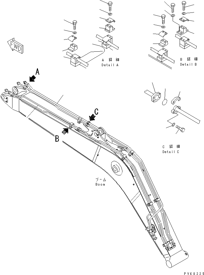 Komatsu parts book diagram for PW150ES-6K S/N K30001-UP: ATTACHMENT LINE (BOOM LINE ? 2/2) (FOR 1-PIECE BOOM)