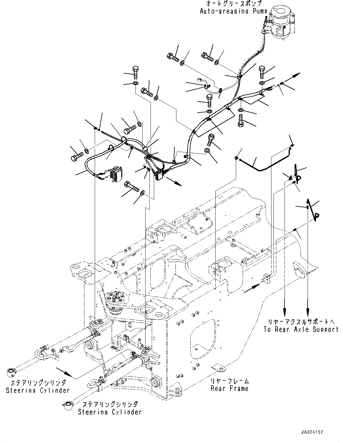 Wheel Loaders Komatsu / WA320-8E0 S/N H70551-UP(WA00038H) / Remote Greasing Tube, with High Lift, For Auto, Rear Grease Piping(J013004 : J4710-002004)