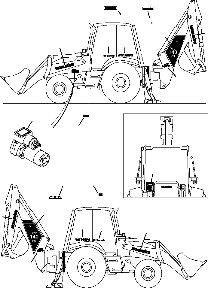 Komatsu parts book diagram for WB140PS-2N S/N A40034-UP: FIG. U0100-01A0 DECALS - IDENTIFICATION AND CONTROLS