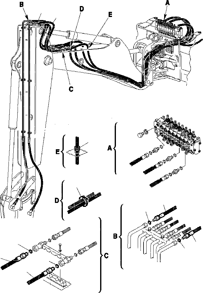 Backhoeloaders Komatsu / WB150PS-2N S/N A70001-A70009(WB150P2N) / FIG. H6860-01A0  HYDRAULIC PIPING - HAMMER LINE - CONTROL VALVE TO ARM FOR JIG ARM(H-138 : H6860-01A0)