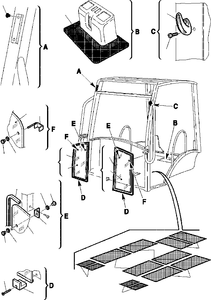 Backhoeloaders Komatsu / WB150PS-2N S/N A70001-A70009(WB150P2N) / FIG. K5310-01A0 CANOPY - LOWER GLASS(K-066 : K5310-01A0)