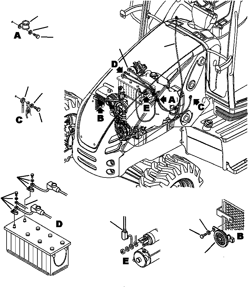 Komatsu parts book diagram for WB156-5 BACKHOE LOADER S/N A63001-UP: E1430-01A0 ELECTRICAL WIRING BATTERY CABLES AND HORN