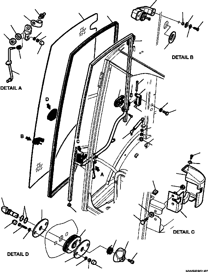 Komatsu parts book diagram for WB156-5 BACKHOE LOADER S/N A63001-UP: K5102-01A0 CAB WITHOUT AIR CONDITIONING RIGHT DOOR