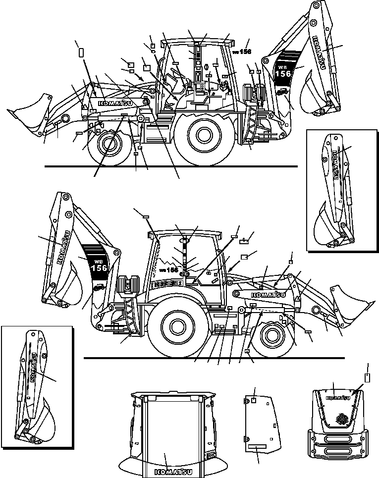 Komatsu parts book diagram for WB156-5 BACKHOE LOADER S/N A63001-UP: U9000-01A0 DECALS ENGLISH