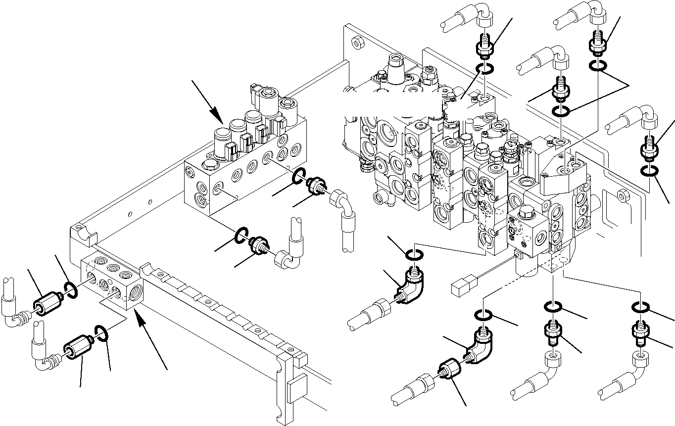 Komatsu parts book diagram for WB97S-5 S/N F00003-Up: CONTROL VALVE AND SERVOCONTROL FEED UNIT (FITTINGS) (1/2)