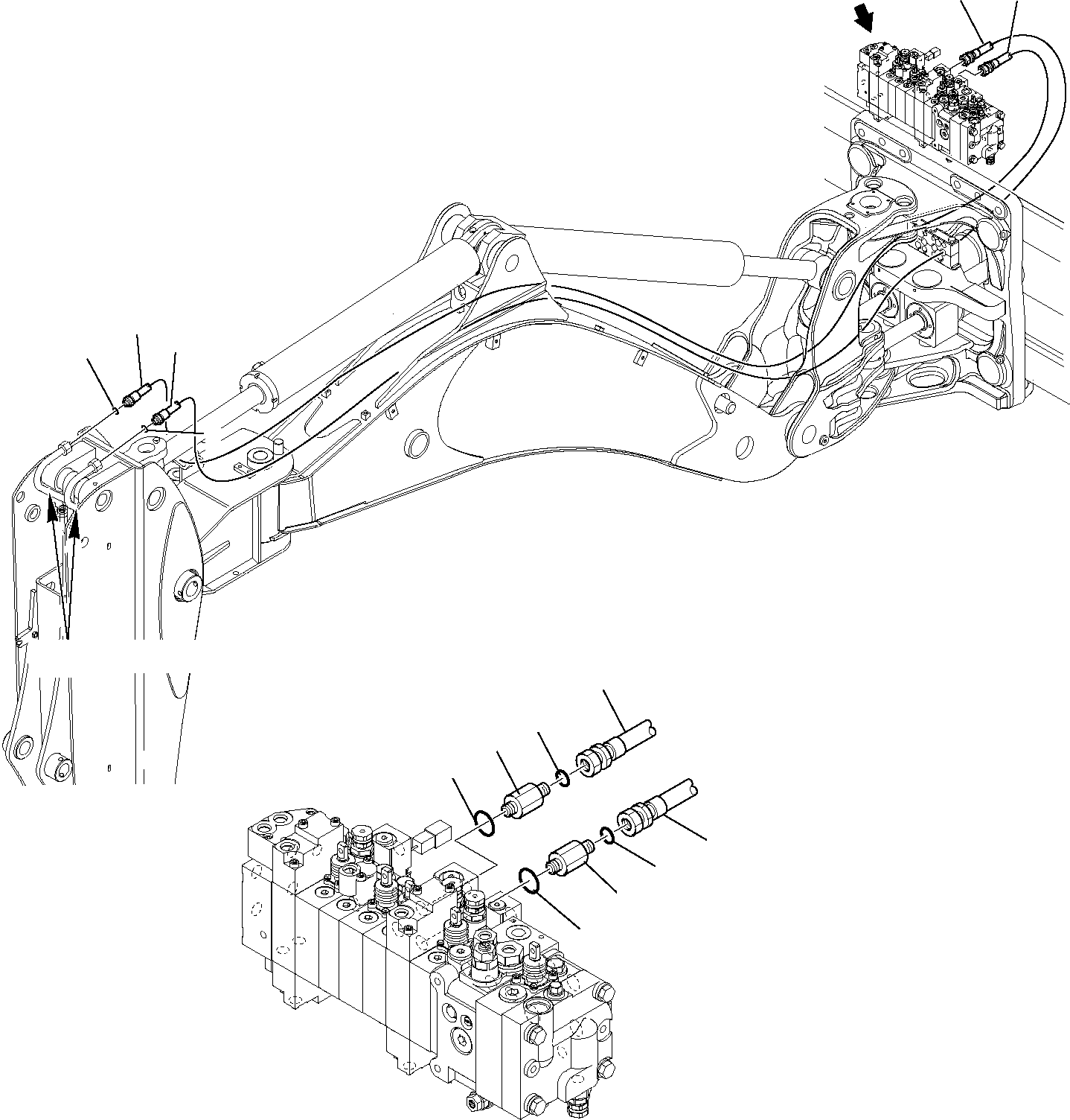 Komatsu parts book diagram for WB97S-5 S/N F00003-Up: HYDRAULIC PIPING (BUCKET LINE) (WITH TELESCOPIC ARM AND SIDE DIGGING BOOM) (1/2)
