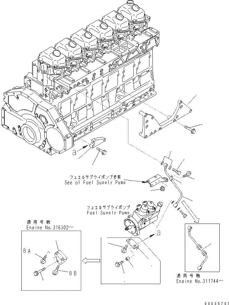 Excavators Komatsu / PC400-7(-50) S/N Y400001-UP(ZEPB000901) / FUEL SUPPLY PUMP BRACKET AND LUBRICATING OIL PIPING(#310001-)(|AAA0253 : |AAA0253)