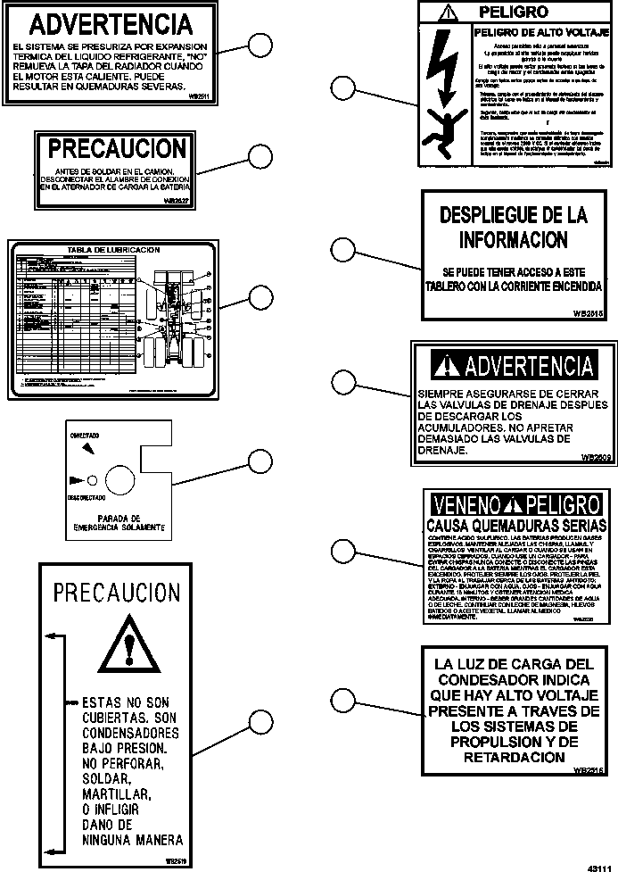 Komatsu parts book diagram for AFE57-FS 830E-1AC S/N A30723 - A30726    ISLA RIESCO: DECALS & WARNINGS (SPANISH)     2/4