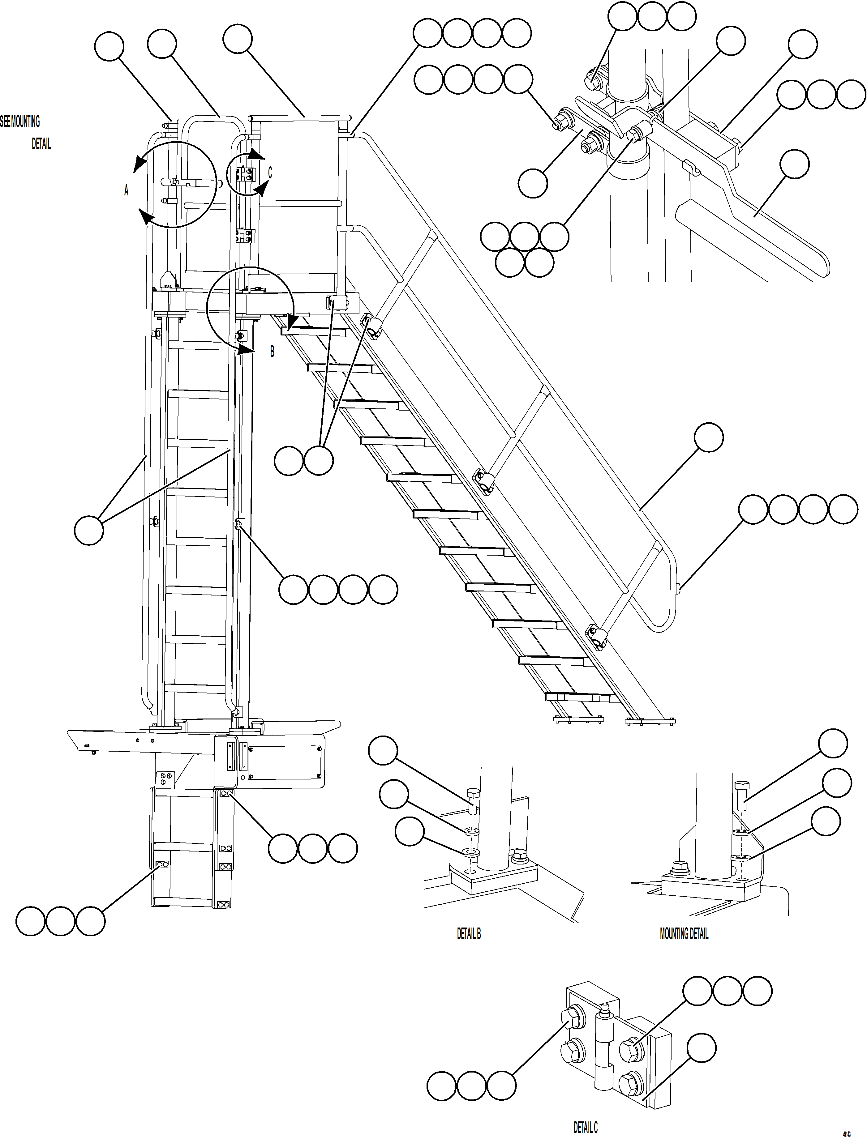 Komatsu parts book diagram for AFE57-KE 830E-1AC S/N A41140 - A41141  KBI: RH & DIAGONAL LADDER HANDRAILS