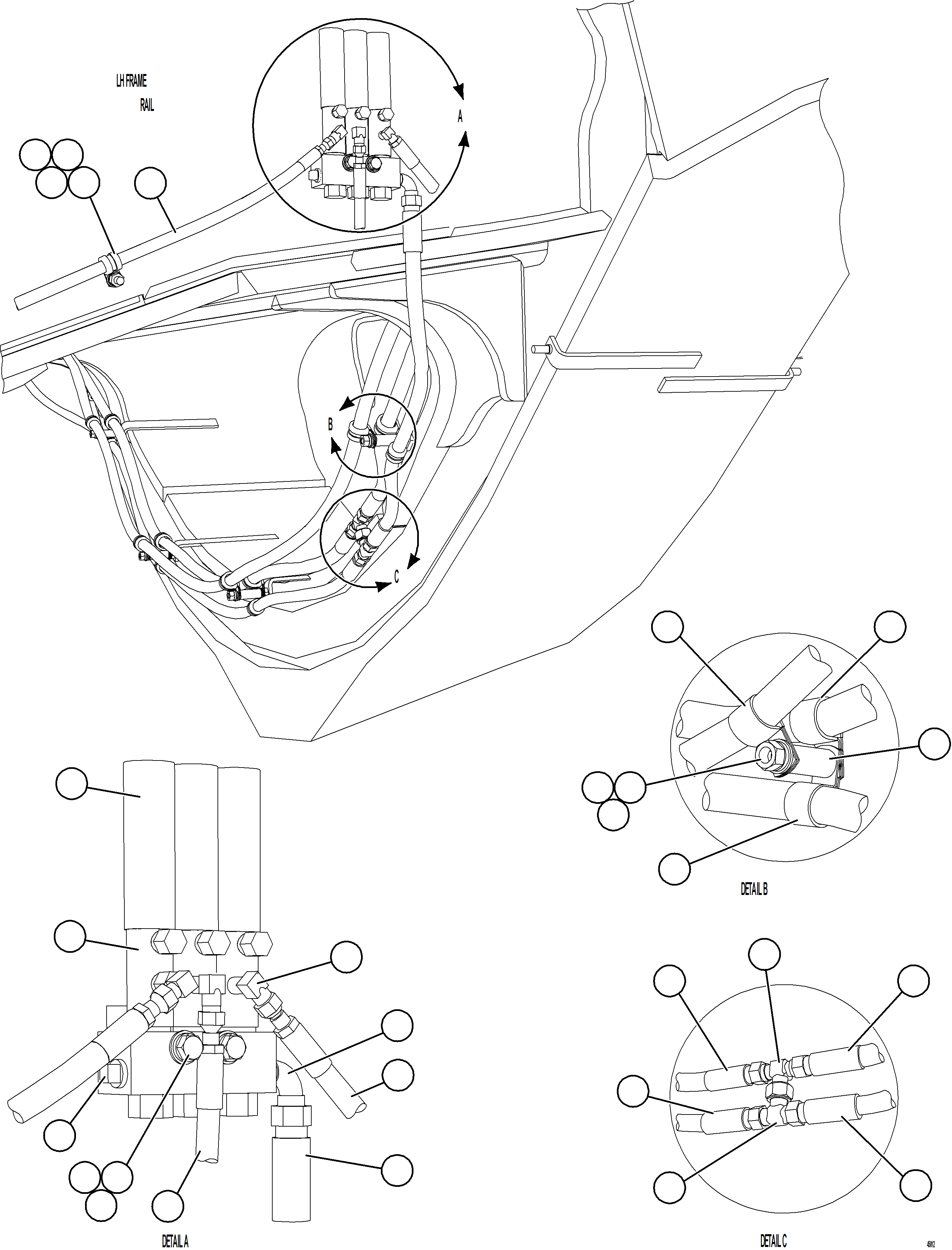 Komatsu parts book diagram for AFE57-KF 830E-1AC S/N A41142  MODERN MACHINERY: AUTOMATIC LUBRICATION - LH FRAME RAIL PIPE    1/2