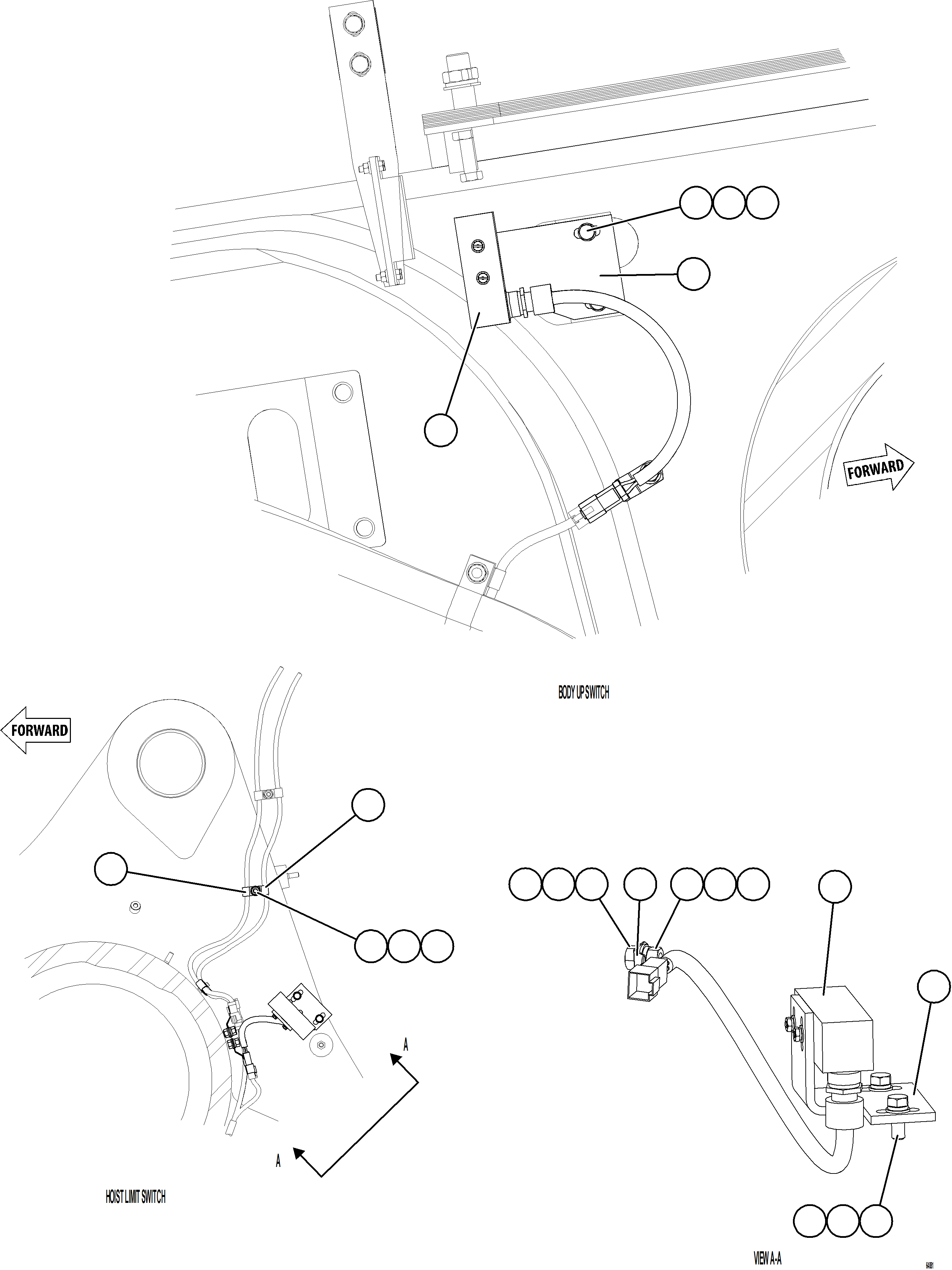 Komatsu parts book diagram for AFE75-AM 980E-5 S/N A50142 - A50143  SPENCE: BODY UP & HOIST LIMIT SWITCH INSTALLATION