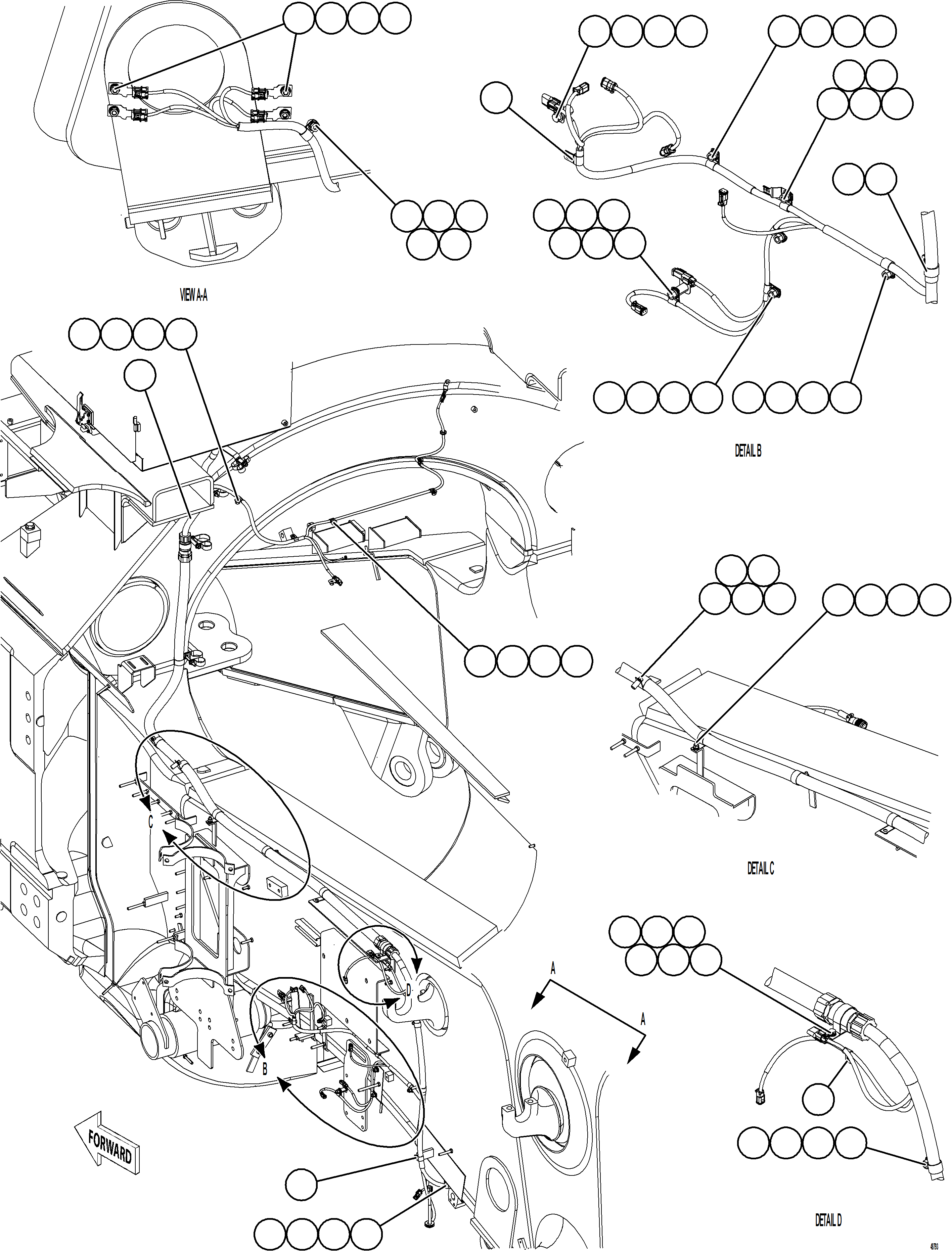 Komatsu parts book diagram for AFE75-AZ 980E-5 S/N A50184,A50189,A50197 - A50199,A50201 - A50202,A50205 - A50212,A50214 - A50220  SMS: LEFT REAR FRAME RAIL HARNESS