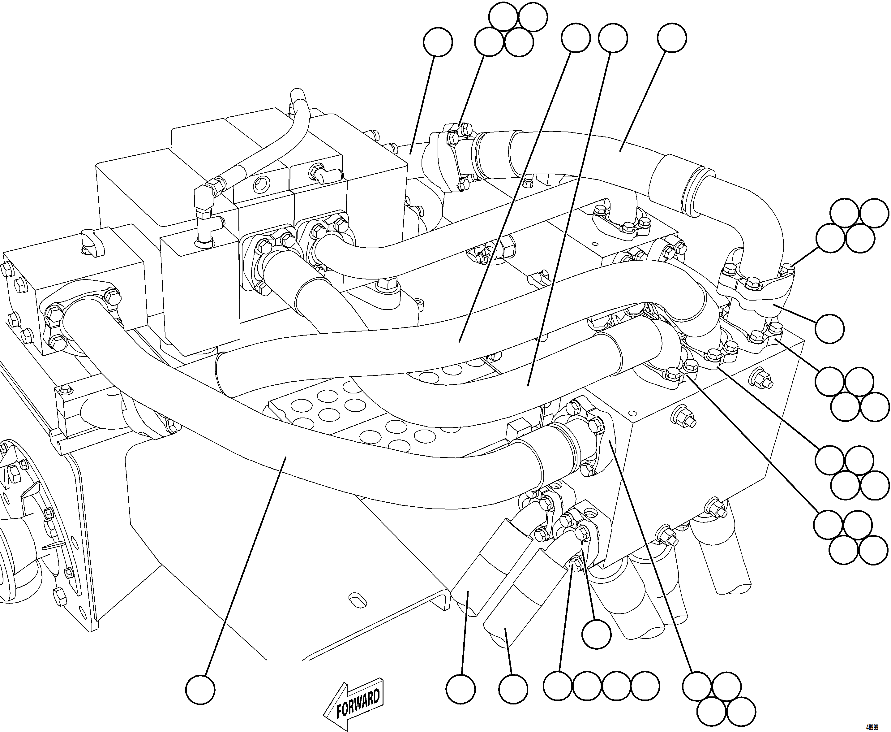 Komatsu parts book diagram for AFE75-BA 980E-5 S/N A50186 - A50187,A50192 - A50194  KMEX: BRAKE COOLING/HOIST RETURN MANIFOLD INSTALLATION