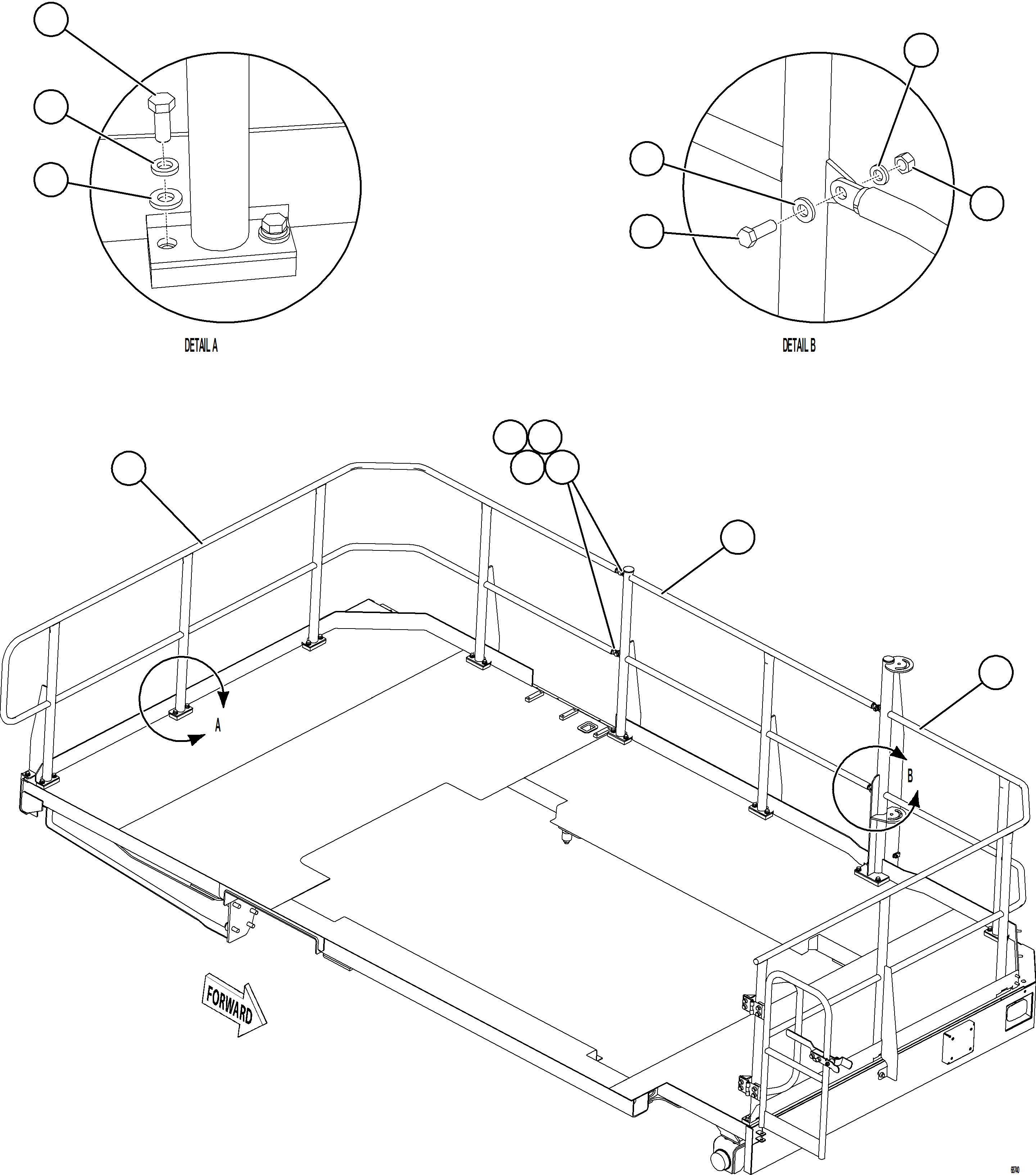 Komatsu parts book diagram for AFE75-BA 980E-5 S/N A50186 - A50187,A50192 - A50194  KMEX: LH DECK HANDRAILS    1/2