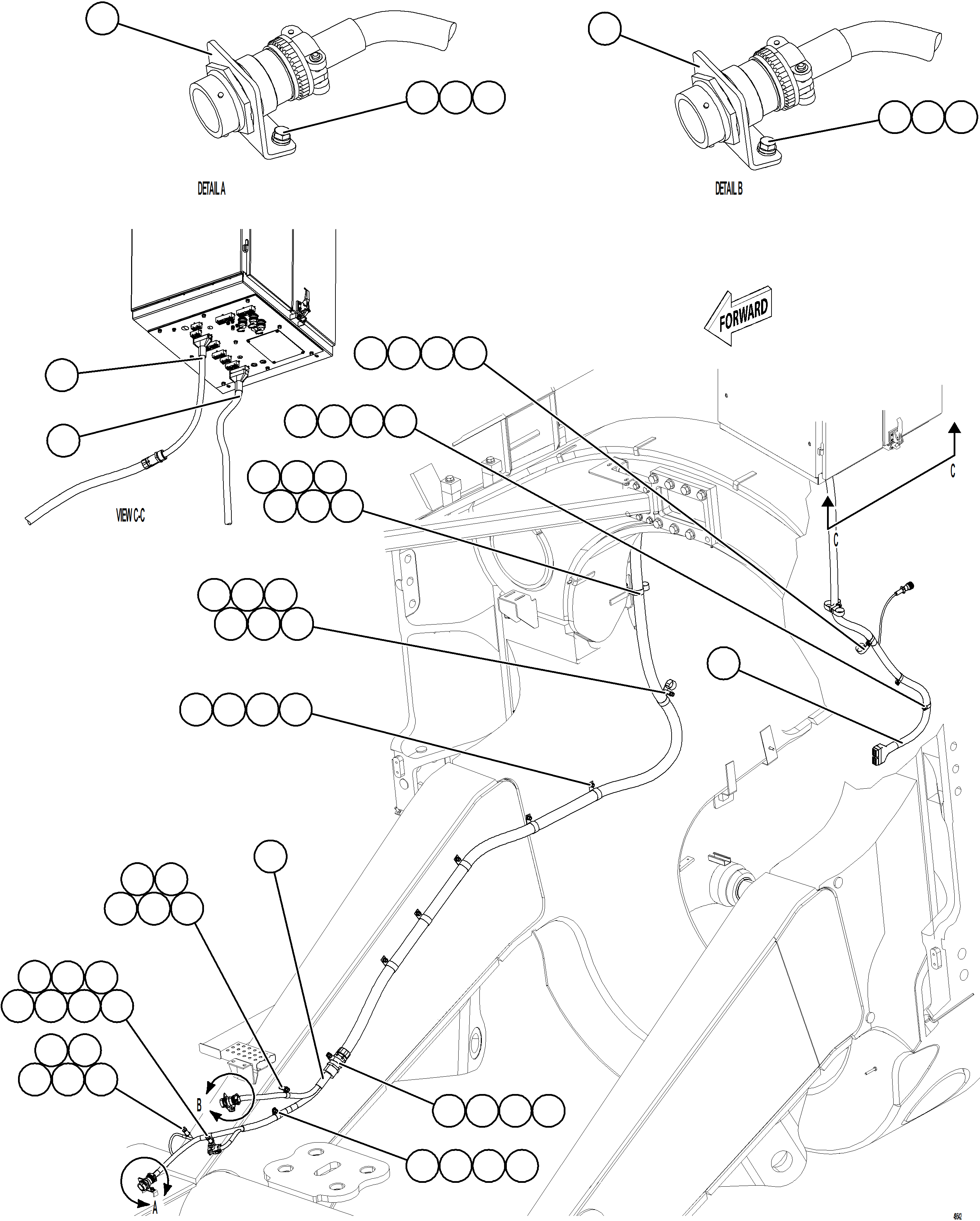 Komatsu parts book diagram for AFE75-BC 980E-5 S/N A50221  KCH: RIGHT FRONT FRAME RAIL HARNESS