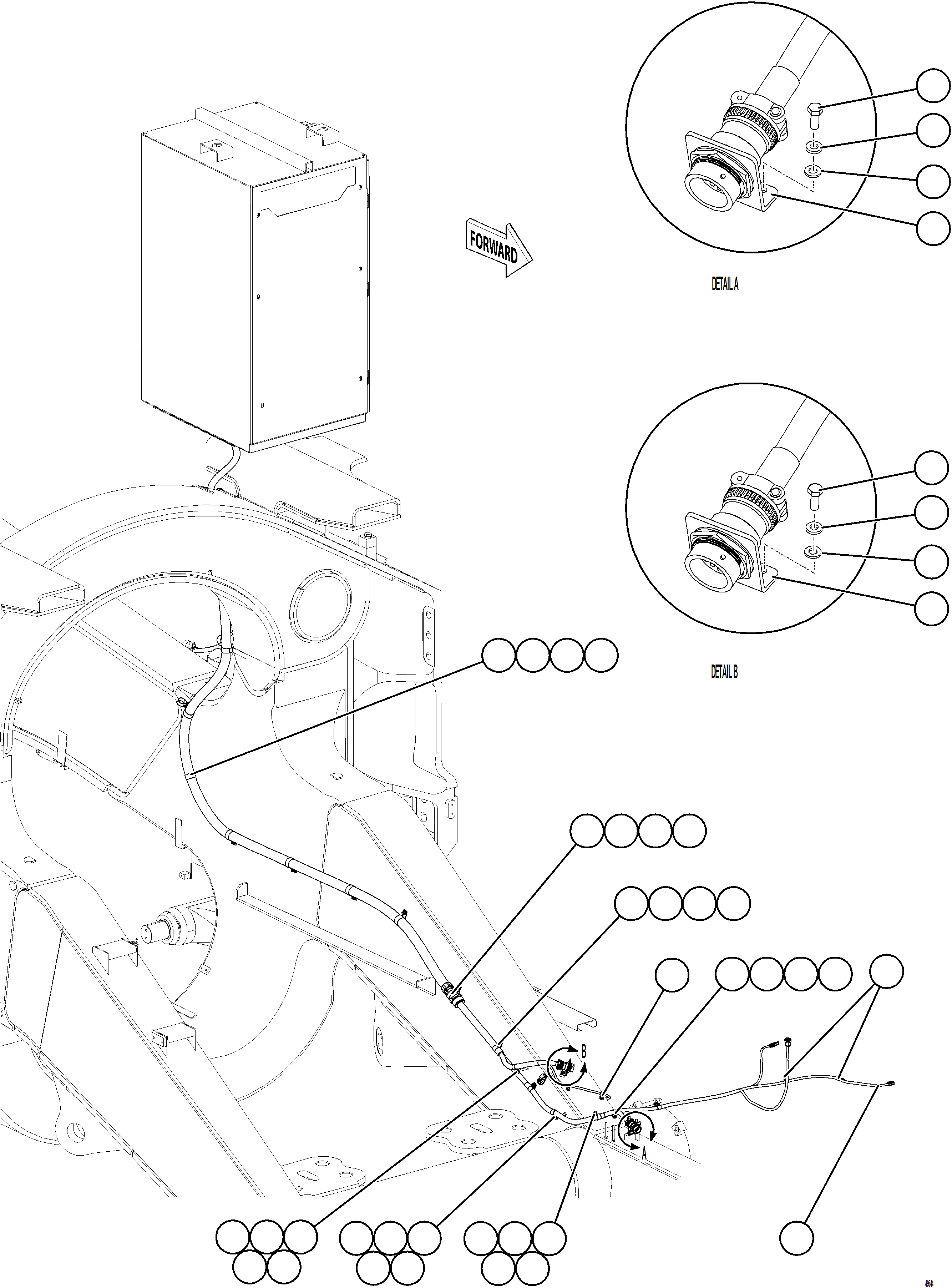 Komatsu parts book diagram for AFE75-BK 980E-5 S/N A50255 - A50256,A50257,A50260 - A50269,A50271 - A50273  KNA: LEFT FRONT FRAME RAIL HARNESS
